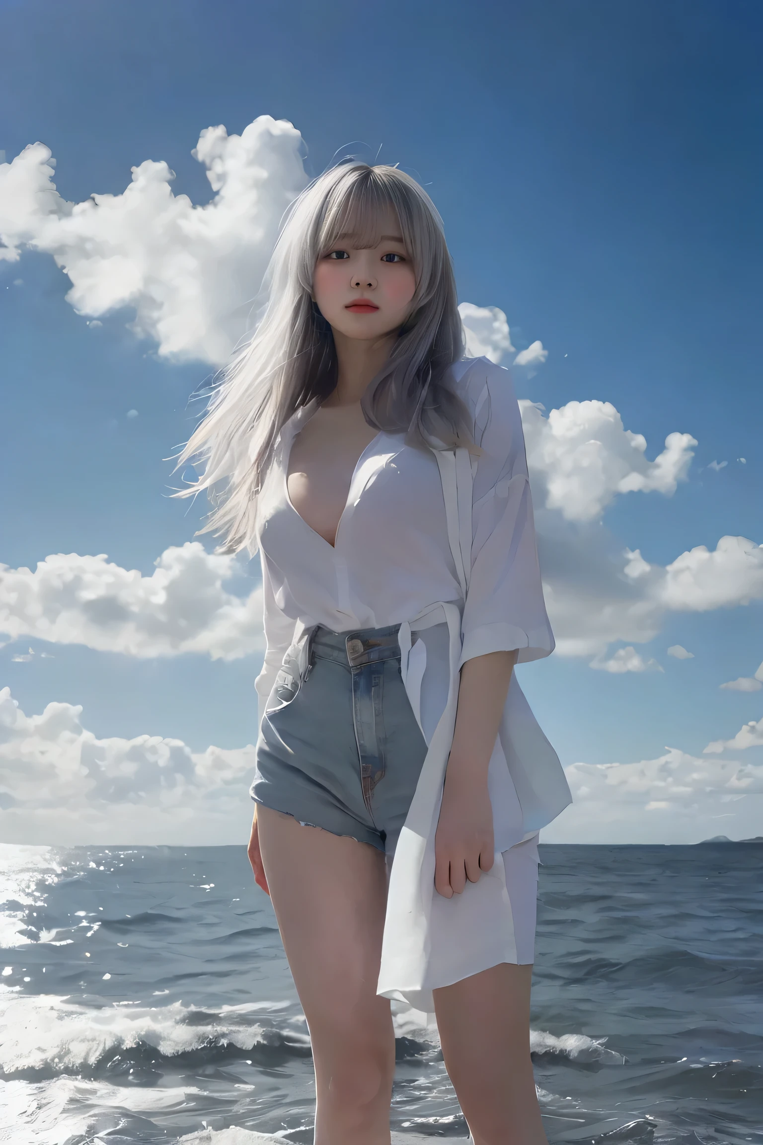 white beaches,Sunset,Maiden standing on the beach,Blonde hair blown by the sea breeze,The girl grinned playfully,Middle finger up。Wearing a thin, colorless T-shirt,Part of the shoulder is exposed,Barefoot Tōsha。