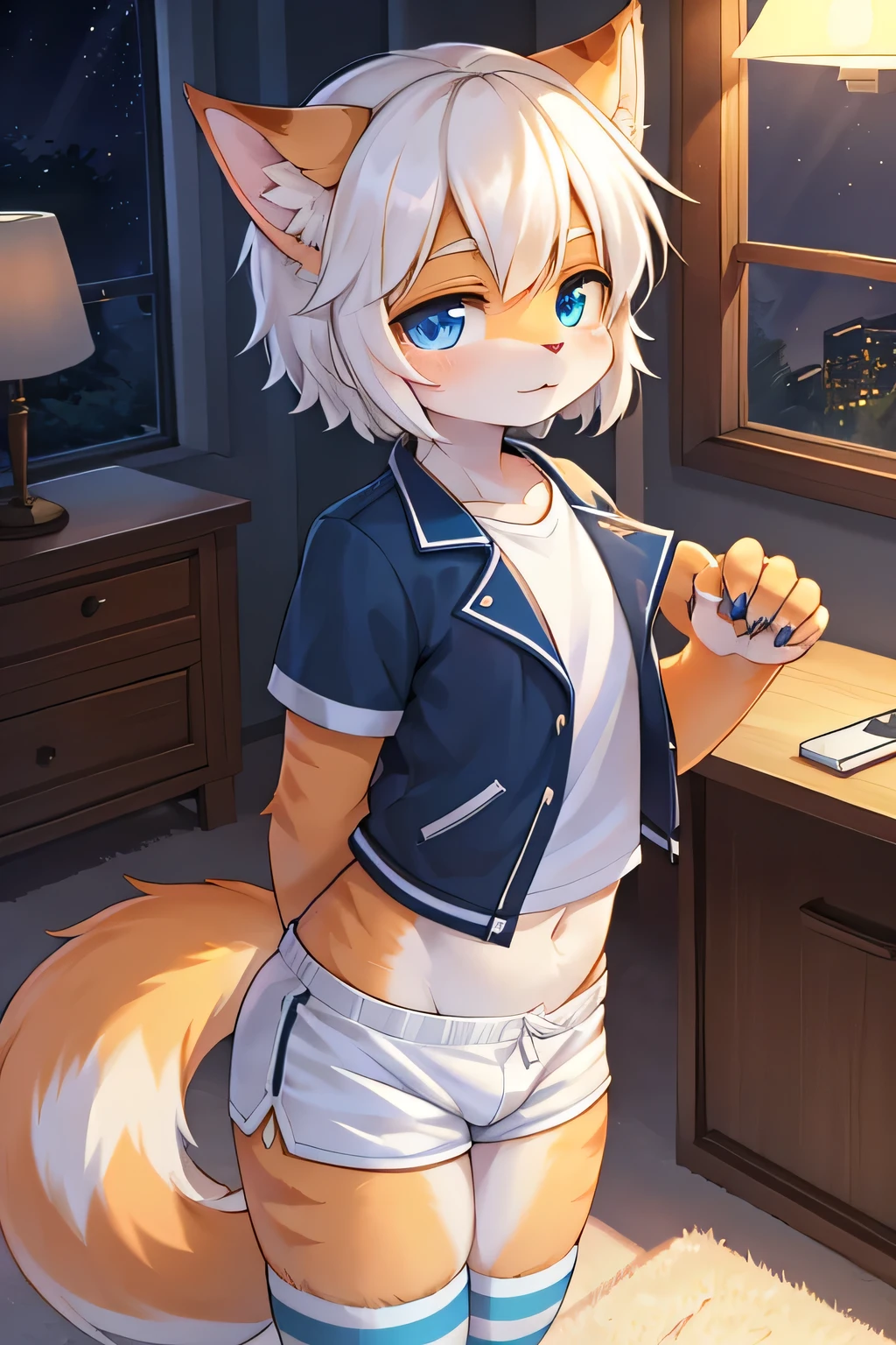 a drawing of a cat with a grey leopard tail and black and white socks, booty shorts, he has gray leopard skin!!!, leopard spots, with gray skin, pov furry art, sona is a slender, furry art!!!, gay, femboy, anime catboy, by :5 sexy: 7, white cat boy, holding a pudica pose, cute anime catboy, sfw version, male furry mini cute style
