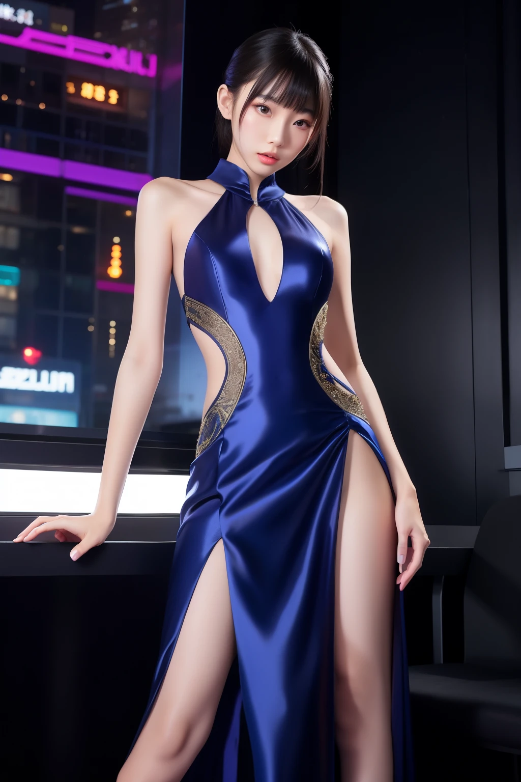 Tall thin Asian tween model, pose, innocent, enticing, detailed prom dress with slit, beautiful slender body, cyberpunk 