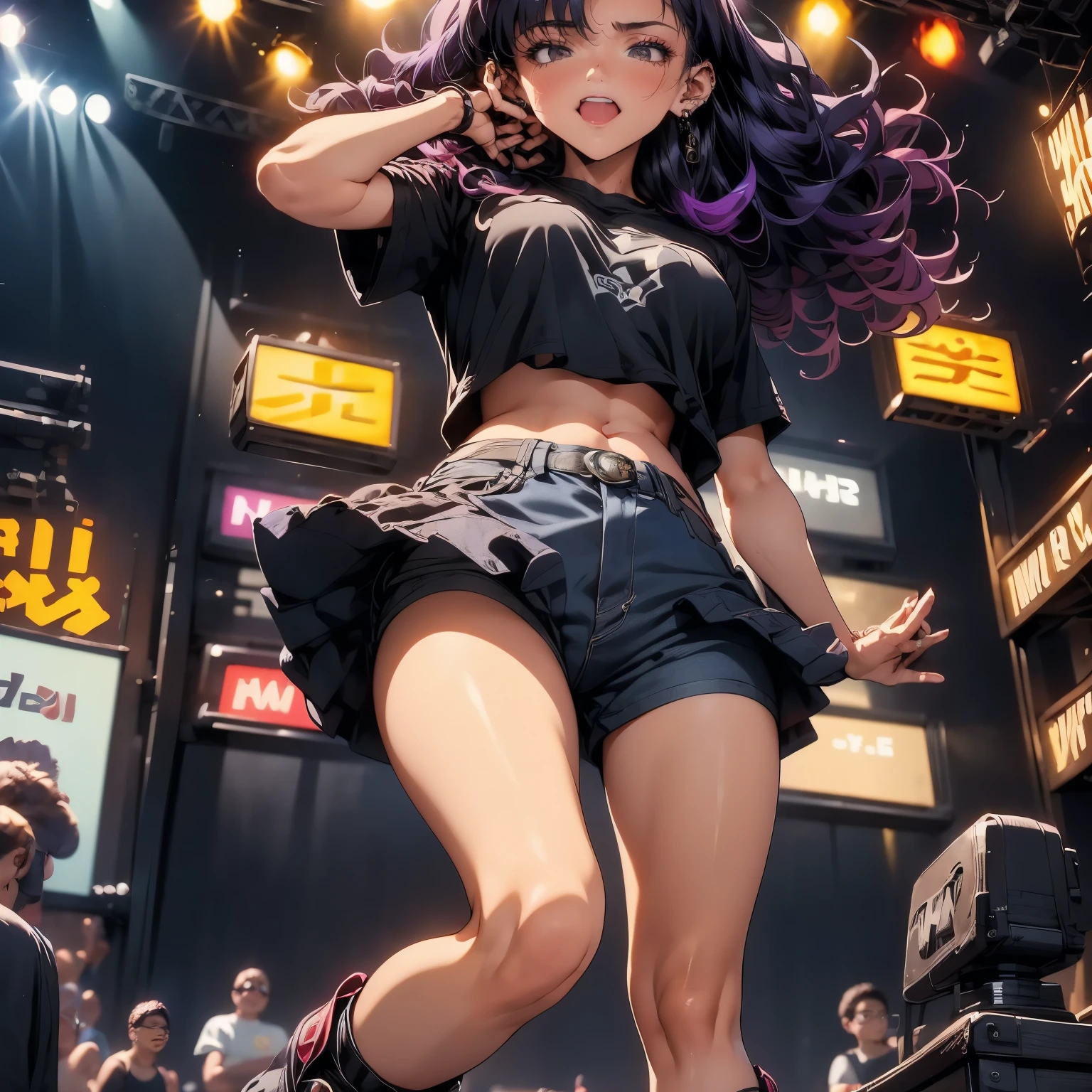 4k, HDR, full HD, Masterpiece, 1girl, solo, long purple hair, perfect anatomy, full body, plays the guitar with passion in an energetic concert. He wears a tight black t-shirt, ripped jeans, and leather boots that complement his rocker style. His fingers move deftly across the strings, plucking powerful chords. Her loose, disheveled hair falls over her face, while her movements reflect confidence and dedication. With the stage illuminated by colored lights, she dominates the scene, connecting with the crowd that vibrates to the rhythm of her music.