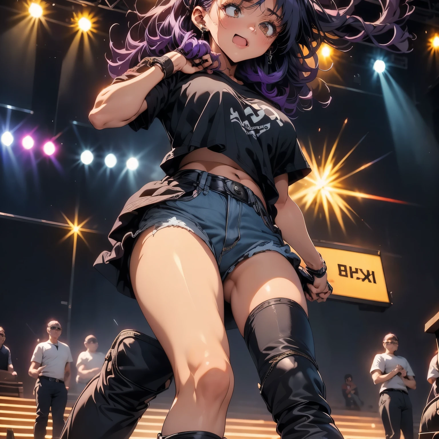 4k, HDR, full HD, Masterpiece, 1girl, solo, long purple hair, perfect anatomy, full body, plays the guitar with passion in an energetic concert. He wears a tight black t-shirt, ripped jeans, and leather boots that complement his rocker style. His fingers move deftly across the strings, plucking powerful chords. Her loose, disheveled hair falls over her face, while her movements reflect confidence and dedication. With the stage illuminated by colored lights, she dominates the scene, connecting with the crowd that vibrates to the rhythm of her music.
