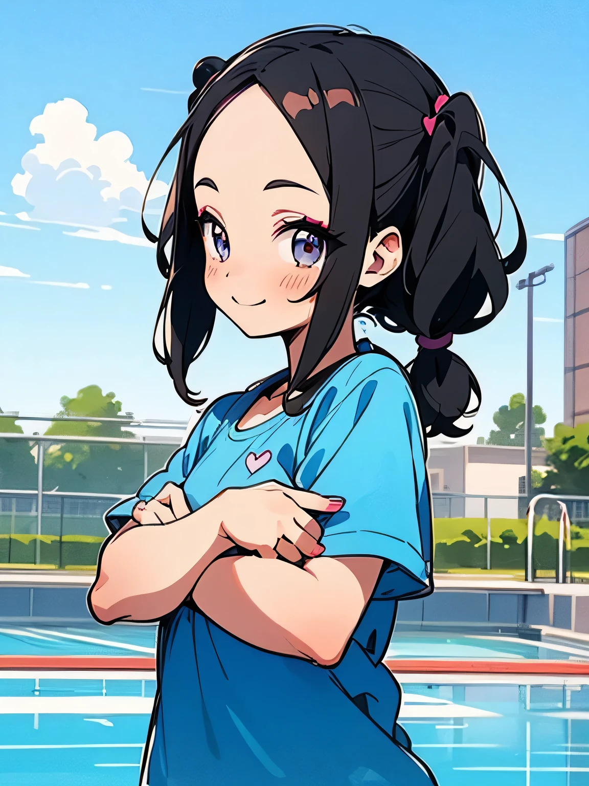 chibi,(((sideview))),((looking at viewer)),solo,upperbody,(((black hair))),wavy twintail,(big forehead),makeup,purple eyeshadow, eyelash,cute smile,heart pink micro bikini,crossed arms,pool side,blue sky,cloud,(manga style),(sketch),(illustration),