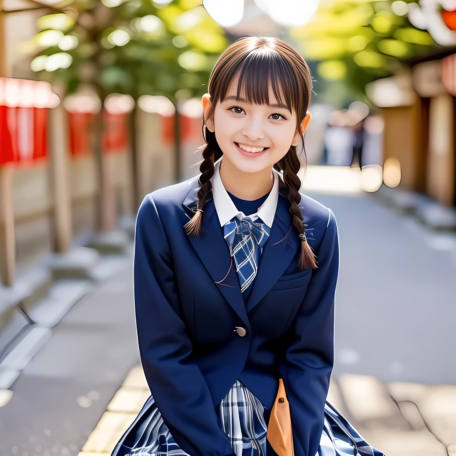 (Highest quality, masterpiece:1.2), Highest quality, High resolution, 1080P, 8k, height: 158cm, (Some girls, noble, Japanese very-very-white-skin **** fashion model is seated and being interviewed and smiling at me in 1980's school uniform, expressing her happiness to me with her kawaii supreme, promoting beauty salon: 1.8), (neat tight braids under her ear), (very white face: 1.5), (background is complete black: 1.0), (Amazed, double-eyelids, completely balanced, brown large large dreaming eyes with detailed beautifully: 1.6), (Drives me crazy for her navy-colored neat tartan checkered blue skirts and make me fall into her navy-colored tartan checkered skirt: 1.2), (Fine white skin that looks like she has never been out of home: 1.6), (Navy colored school uniform blazer: 1.6), (Navy blue pleated school uniform tartan checkered skirt: 1.5), (Plain-red school ribbon on the breast), (Light-Sky-blue background), (Girl whom everyone loves because of her beauty and neat school fashion and noble manner and magic-charm of succubus: 1.7), full body shot, (jolly face expression), (evenly cut curled bangs), (Selected as the most beautiful girl in school uniform in Japan: 1.8)