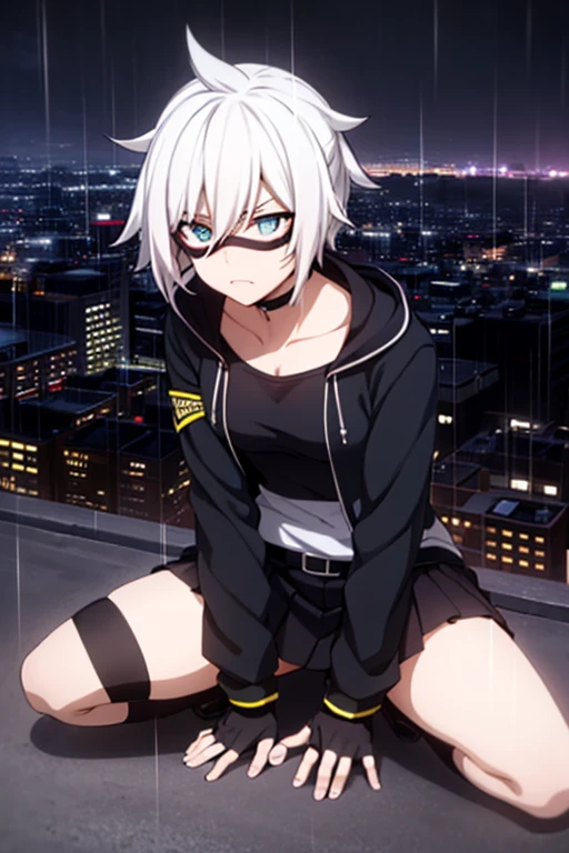 girl, (my hero academy), White hair, eyes with black bandages, black jacket, black fingerless gloves, short black skirt, black boots, (city at night with rain in the background).