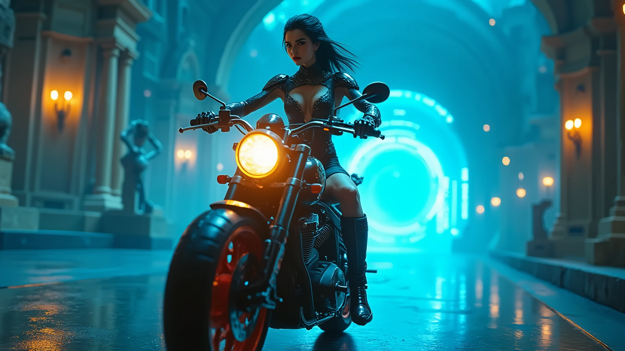 C7b3rp0nkStyle, dark night, prehistoric maze mysterial park, moai statue, waterfall, eagle, cyberpunk, sci-fi, futuristic, tech. (((((1girl, solo, alone, superbiker, close-up superbike shot))))), medium-breast:1.1 slim body, cleavage, sexy clothes, (headphone, black sunglasses, long black realistic hair), (((superbike riding and holding pistol poses))), half-body thigh level medium shot, cinematic lighting, lens flare, ray tracing.