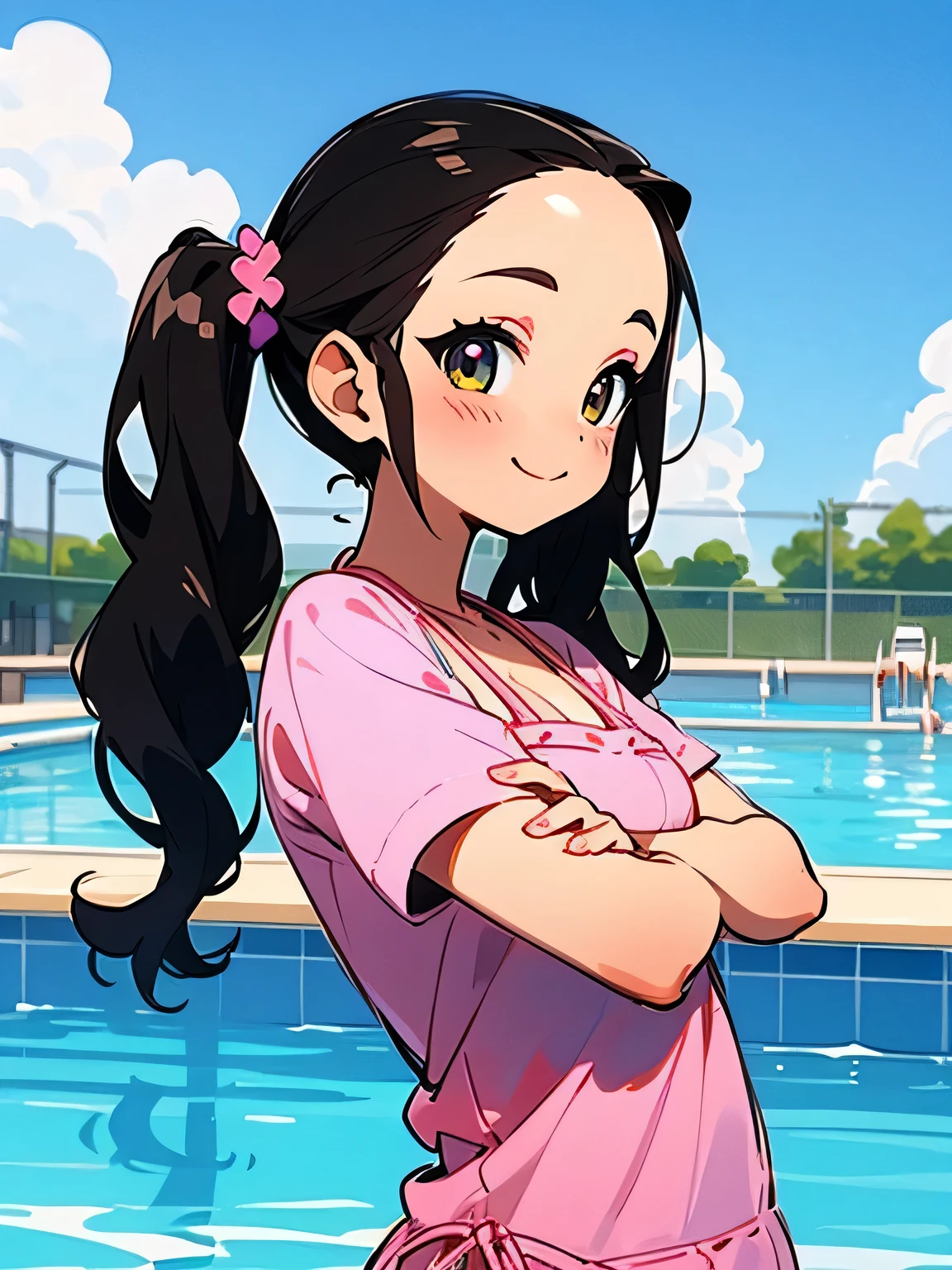 chibi,(((sideview))),((looking at viewer)),solo,((wariza)),(((black hair))),wavy twintail,(big forehead),makeup,purple eyeshadow, eyelash,cute smile,heart pink micro bikini,crossed arms,pool side,blue sky,cloud,(manga style),(sketch),(illustration),