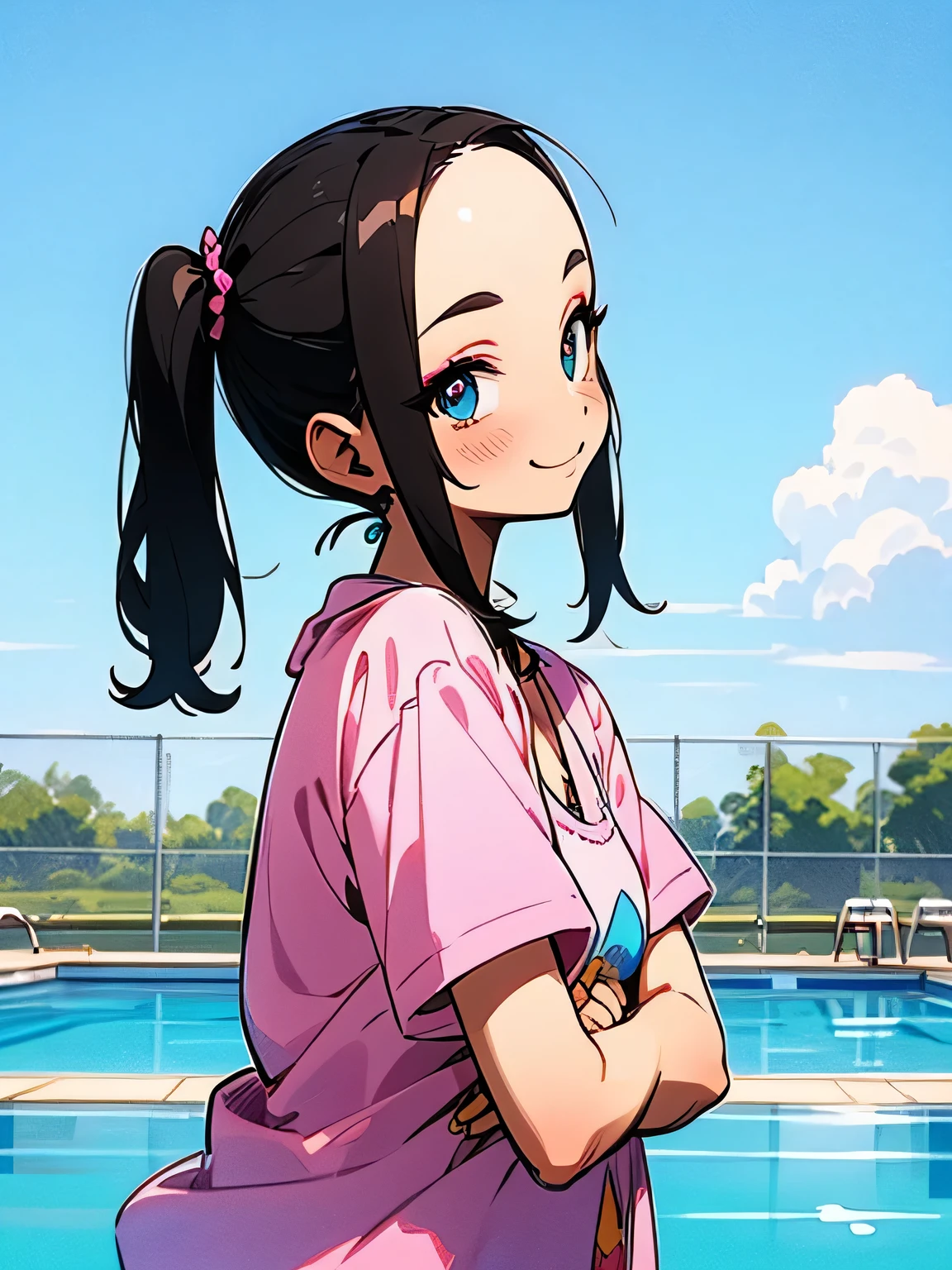 chibi,(((sideview))),((looking at viewer)),solo,((wariza)),(((black hair))),wavy twintail,(big forehead),makeup,purple eyeshadow, eyelash,cute smile,heart pink micro bikini,crossed arms,pool side,blue sky,cloud,(manga style),(sketch),(illustration),