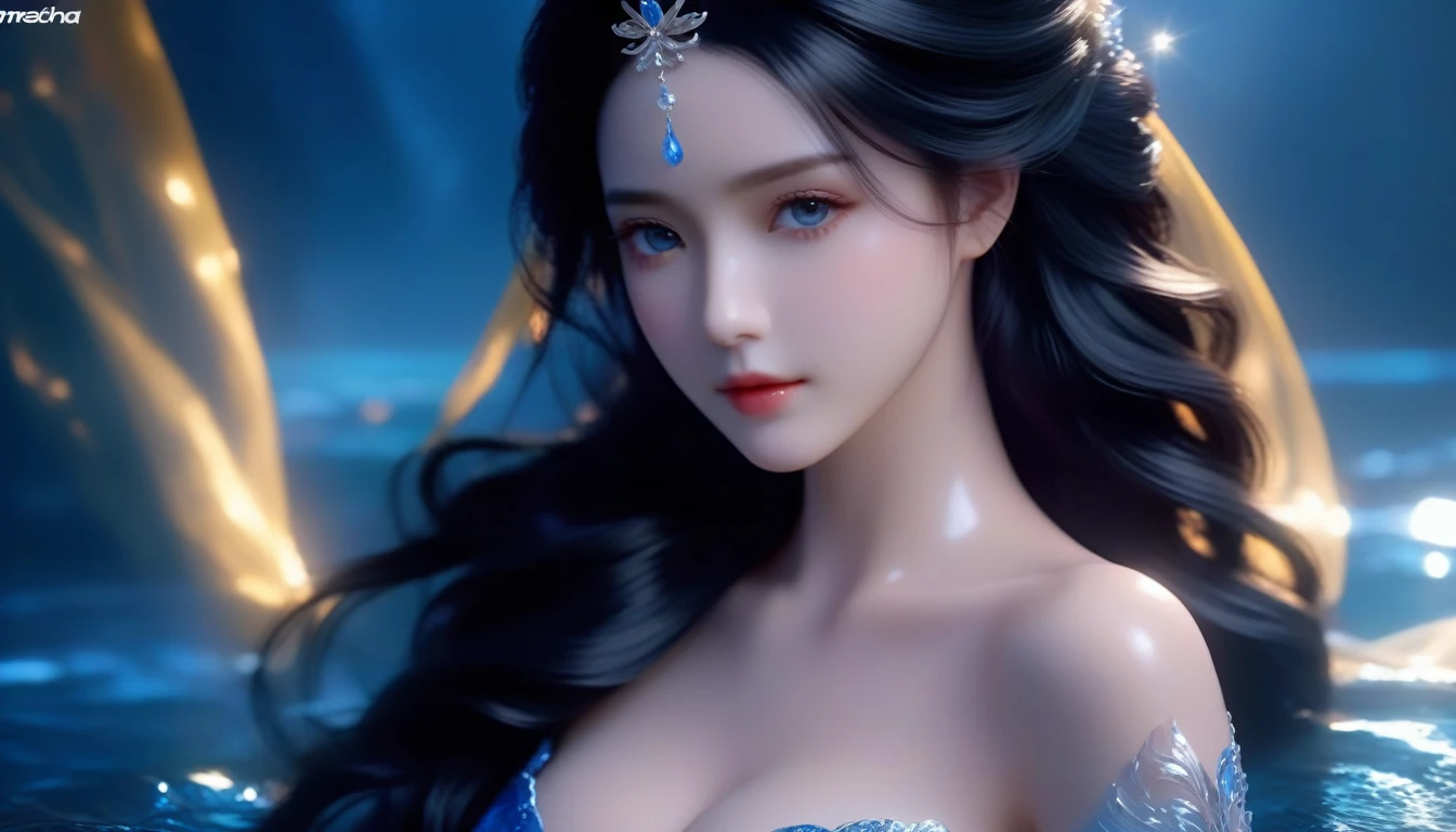 A Masterpiece In 32K Resolution, Supreme Quality, Super Detail, Official Art, Very High-Resolution 32K Wallpaper, Cinematic Lighting, Beautiful And Aesthetic, Ultra-Detailed Features, Awe Inspiring Detail. A Girl With Skin Light, Adorned In A Flowing Velvet Gown, Highlight Her Ample Breasts. Her Jet-Black Hair Cascades Down In Soft Waves, While Gentle Mist Swirls Around Her. Her Eyes, A Deep Midnight Blue, Captivate With Their Intensity. Her Skin Glows With A Subtle Luminescence, Standing Out Against A Water Backdrop. Gentle Light Filters Through The Water, Casting A Soft Glow On Her Form. The Scene Evokes A Sense Of Enigma, With Every Element Adding To The Mystical Aura.