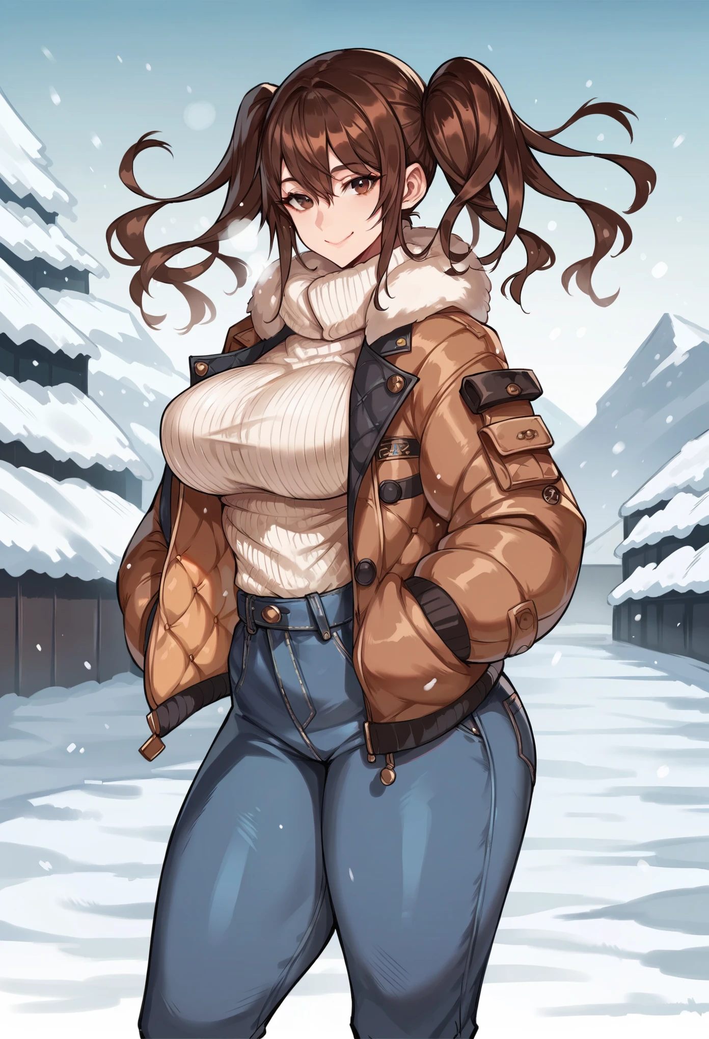score_9, score_8_up, score_8, 1 woman, rating_safe, 2, big breasts, perky breasts, brown hair, brown eyes, wide hip, looking at viewer, twintails, down jacket, boots, shiny skin, japanese, smile, winter, snow, long sleeves, long pants