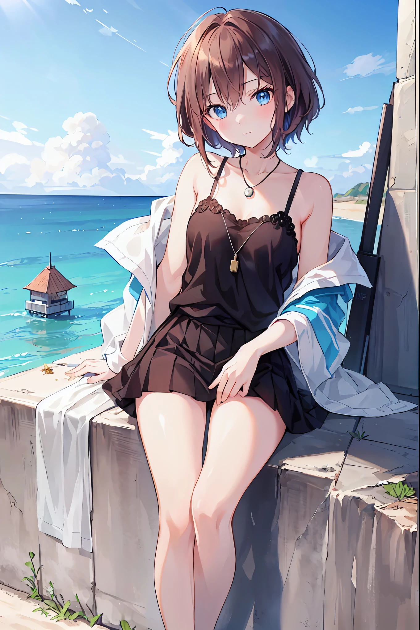 Yo Watanabe, Yu Watanabe, Brown Hair，Shortcuts，Messy Hair，Short braided hair，Neat，Slender beauty，A dignified posture，Small chest，Beautiful feet，Her captivating grey-blue eyes shine like stars，Vibrant colors,Beautiful Eyes,A delicate smile,Textured Skin,The best quality at its best,A kind and beautiful woman,Anime Style､,Orange hair band,Locket Pendant,Black camisole,Bareneck,Expose your shoulders,Bare clavicle,,Cute stiletto heels,evening,sunset,walk,The sun goes down,whole bodyがイラストに入るように,Looking down from above,
break outdoors, Coastal Road,construction site,
break looking at viewer, whole body,
break (masterpiece:1.2), Best quality high resolution, Unity 8K Wallpaper, (shape:0.8), (Beautiful details:1.6), Detailed painted face, Perfect lighting, Extremely detailed CG, (Perfect hands, Perfect Anatomy),