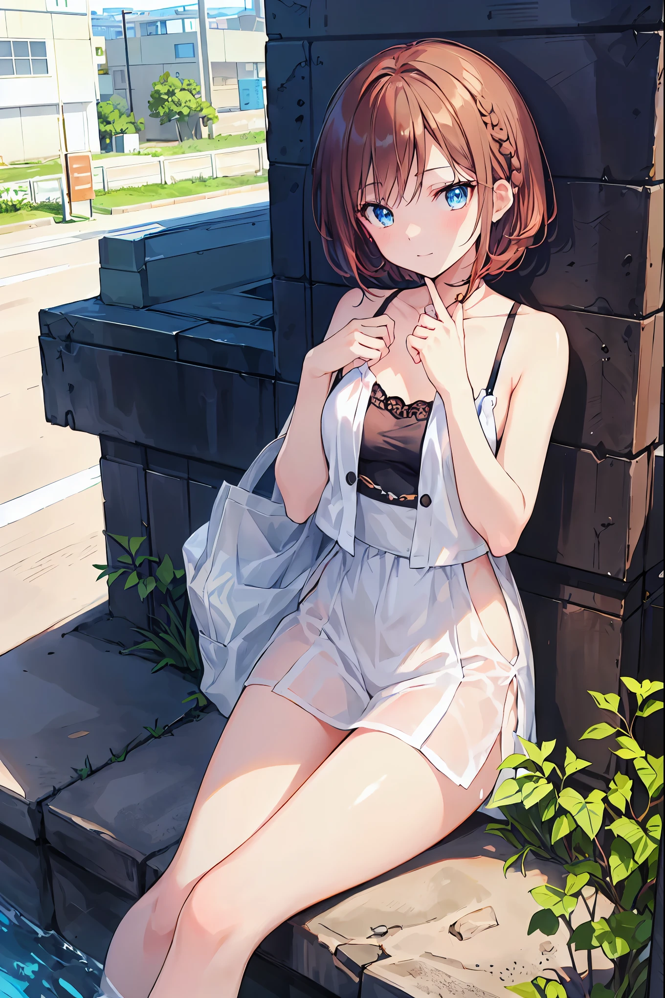 Yo Watanabe, Yu Watanabe, Brown Hair，Shortcuts，Messy Hair，Short braided hair，Neat，Slender beauty，A dignified posture，Small chest，Beautiful feet，Her captivating grey-blue eyes shine like stars，Vibrant colors,Beautiful Eyes,A delicate smile,Textured Skin,The best quality at its best,A kind and beautiful woman,Anime Style､,Orange hair band,Locket Pendant,Black camisole,Bareneck,Expose your shoulders,Bare clavicle,,Cute stiletto heels,evening,sunset,walk,The sun goes down,whole bodyがイラストに入るように,Looking down from above,
break outdoors, Coastal Road,construction site,
break looking at viewer, whole body,
break (masterpiece:1.2), Best quality high resolution, Unity 8K Wallpaper, (shape:0.8), (Beautiful details:1.6), Detailed painted face, Perfect lighting, Extremely detailed CG, (Perfect hands, Perfect Anatomy),