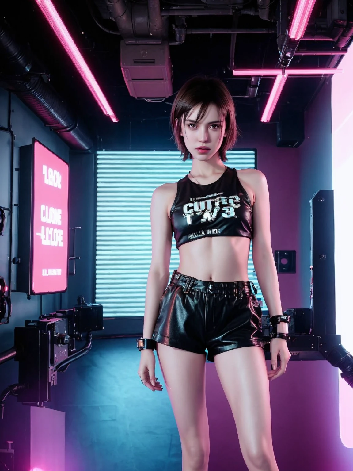 Alexandra Daddario with blue eyes wearing eye liner, pink lips, short black hair in an undercut bob, wearing a black latex crop top and mini skirt, cleavage, belt, neutral background