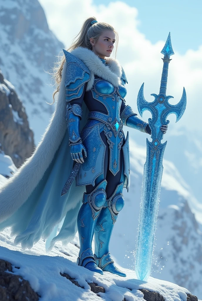 On the slopes of a snowy mountain, the female paladin stood as a guardian against the elements. She wore frosted blue armor, embellished with icicles and snowflakes, that shimmered in the cold light. A thick white fur cloak draped her shoulders, providing warmth amidst the chill. The great sword she held was embedded with crystals of ice, and her presence radiated strength and resilience against the harsh winds.