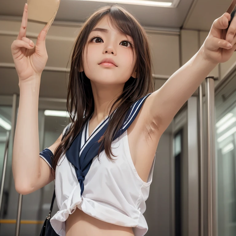 Japanese women、Are standing、(Small areola:1.2)、(Small breasts:1.2)、(bangs)、 (masterpiece, Highest quality), ((Looking into the camera)),(((I can see your chest))),(Nipples are visible), whole body、I can see your thighs、(((Light brown hair))),Correct number of arms、(Disheveled Hair)、blue striped necktie, vest-dress uniform、((small hat)), white formal short gloves,  elavator operator,Japan Elevator Girl、little smile,white blouse,tight blouse、(((navy bowler hat))),(navy hat), (((white gloves))), short gloves、Dressed up、Small Ass