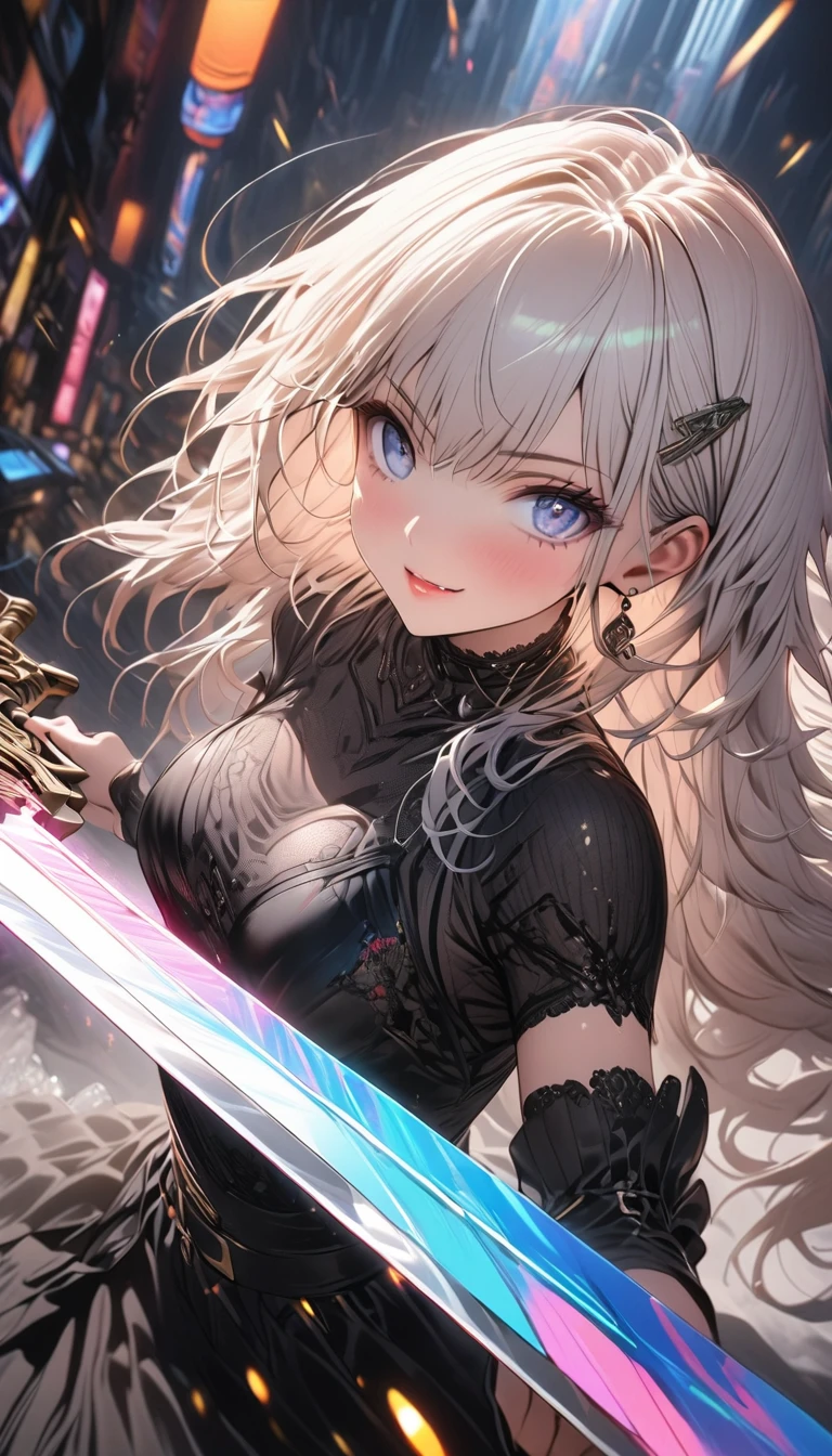 Create high quality images, Masterpiece quality image on white background, She struck a cool pose、A cute anime girl with long white hair and wearing armor appears, Attack with a high-tech sword. This scene、Contains numerous circular holographic swords, Each has countless complexities, Set in a predominantly white cyberpunk environment. The scene is enriched with holographic elements and light particles.., Emphasizing futuristic and fantastical aesthetics. The image is、Capturing the essence of purity and sophistication with the finest quality and beauty, Introducing the super-detailed girl and her holographic sword, Super-resolution visuals that highlight the intricate details of a scene.