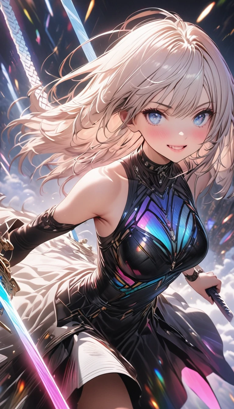 Create high quality images, Masterpiece quality image on white background, She struck a cool pose、A cute anime girl with long white hair and wearing armor appears, Attack with a high-tech sword. This scene、Contains numerous circular holographic swords, Each has countless complexities, Set in a predominantly white cyberpunk environment. The scene is enriched with holographic elements and light particles.., Emphasizing futuristic and fantastical aesthetics. The image is、Capturing the essence of purity and sophistication with the finest quality and beauty, Introducing the super-detailed girl and her holographic sword, Super-resolution visuals that highlight the intricate details of a scene.