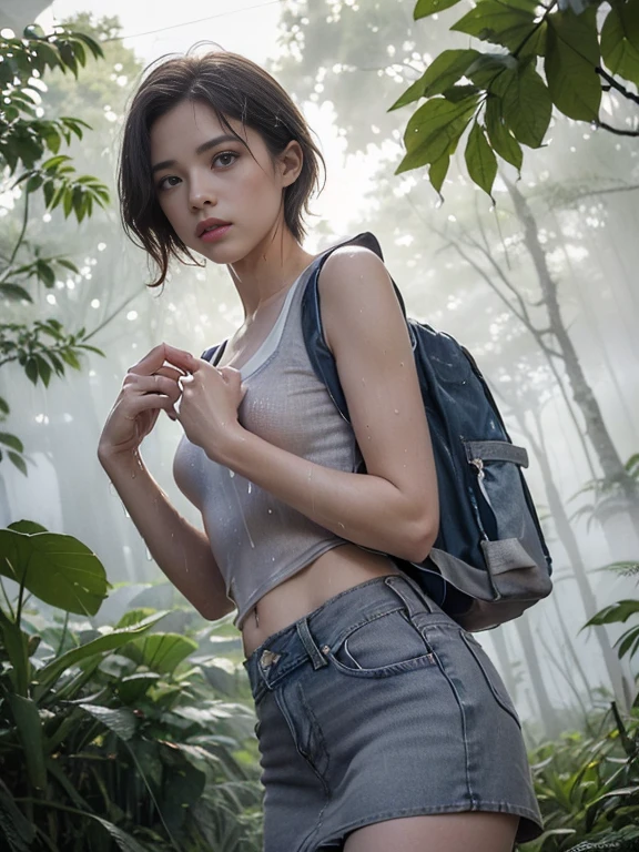 (8k,RAW Photos、RAW Photos、highest quality、masterpiece:1.2)、１girl、１Middle-aged men、Very detailed、Super Resolution、((Foggy jungle:1.4))、((In the thick fog:1.4))、(Realistic:1.3)、((Rainfall:1.4))、((Cowboy Shot:1.4))、((Shoot in the back:1.4))、Sharp depiction of light and shadow、High-resolution RAW color photos、Professional photos、(((natural Park:1.4)))、Anatomical accuracy、Very detailed and beautiful、super high quality、((Twin-tailed girl:1.4))、((Carry a backpack:1.4))、((White tank top shirt:1.4))、((In the rainforest:1.4))、((A denim mini skirt that accentuates your thighs:1.4))、Upper Body、((Confused expression:1.4))、Knee cast:1.7、See-through:1.7、((Mountain hut in the background:1.4))、