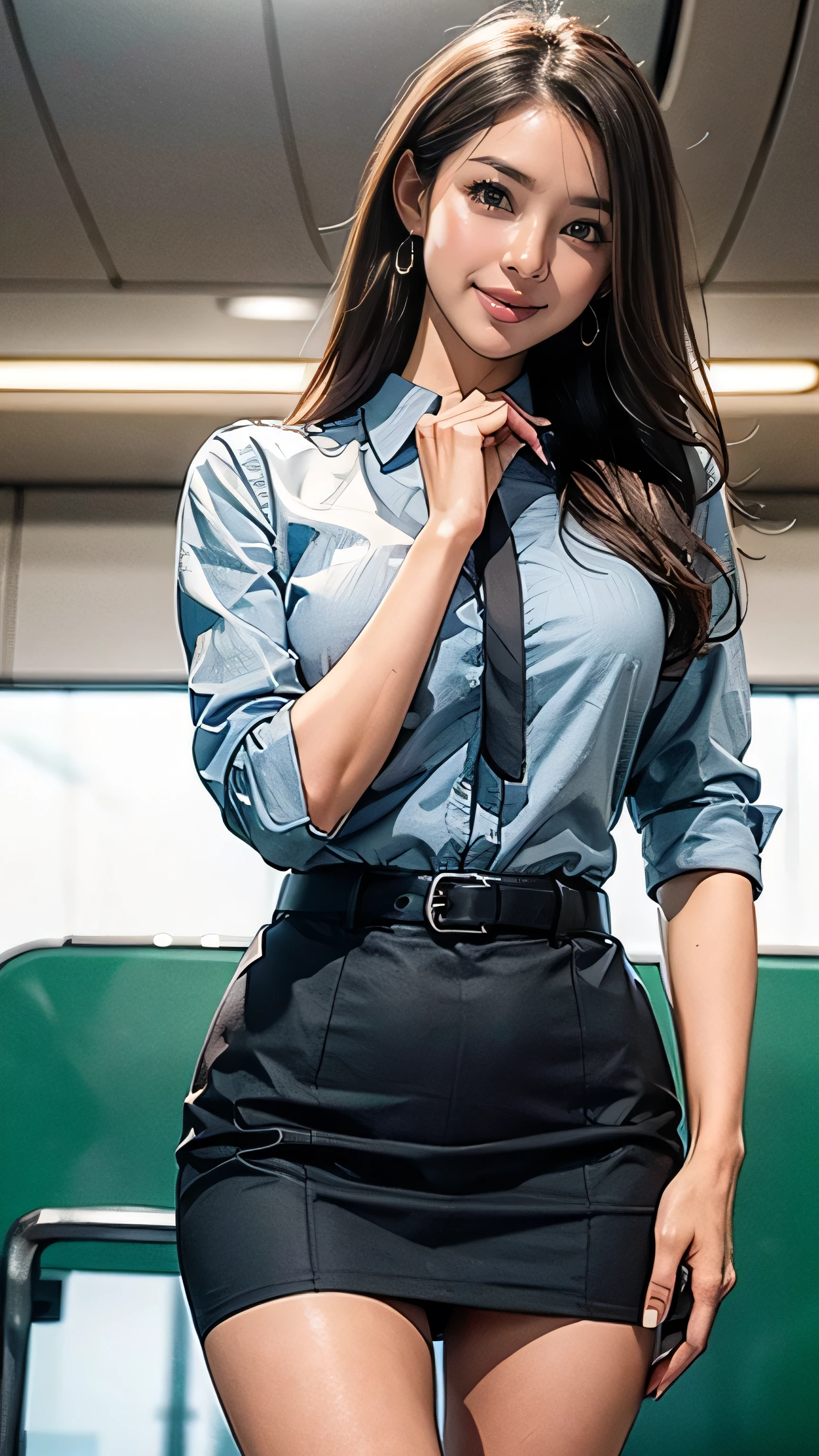 (One Woman),(Japanese),(((Super long brown hair reaching to her knees:1.4)),(whole body:1.5),(Front:1.5),(Cabin Crew),(stewardess)(Standing),(Flight attendant uniforms fitted:1.5),(smile:1.5),(Beautiful Eyes:1.3),(Very detailedな顔:1.5),((Very detailed drawing of a female hand:1.5)),((Beautiful Skin:1,5)),(Delicate skin depiction:1.5),(Functional:1.2),(Big Breasts:1.2),break(On the plane:1.5),(((Blur the background:1.5))),(Written boundary depth:1.5),break(((masterpiece:1.5),(Best Quality:1.5),(Very detailed:1.5),(High resolution:1.5),(Realistic:1.5),(Realistic:1.5))),8k,wallpaper、((shy smile:1.5))((gold necklace_Large earrings:1.2)),((Place your left hand gently on your chin:1.5))((standing gracefully:1.6))