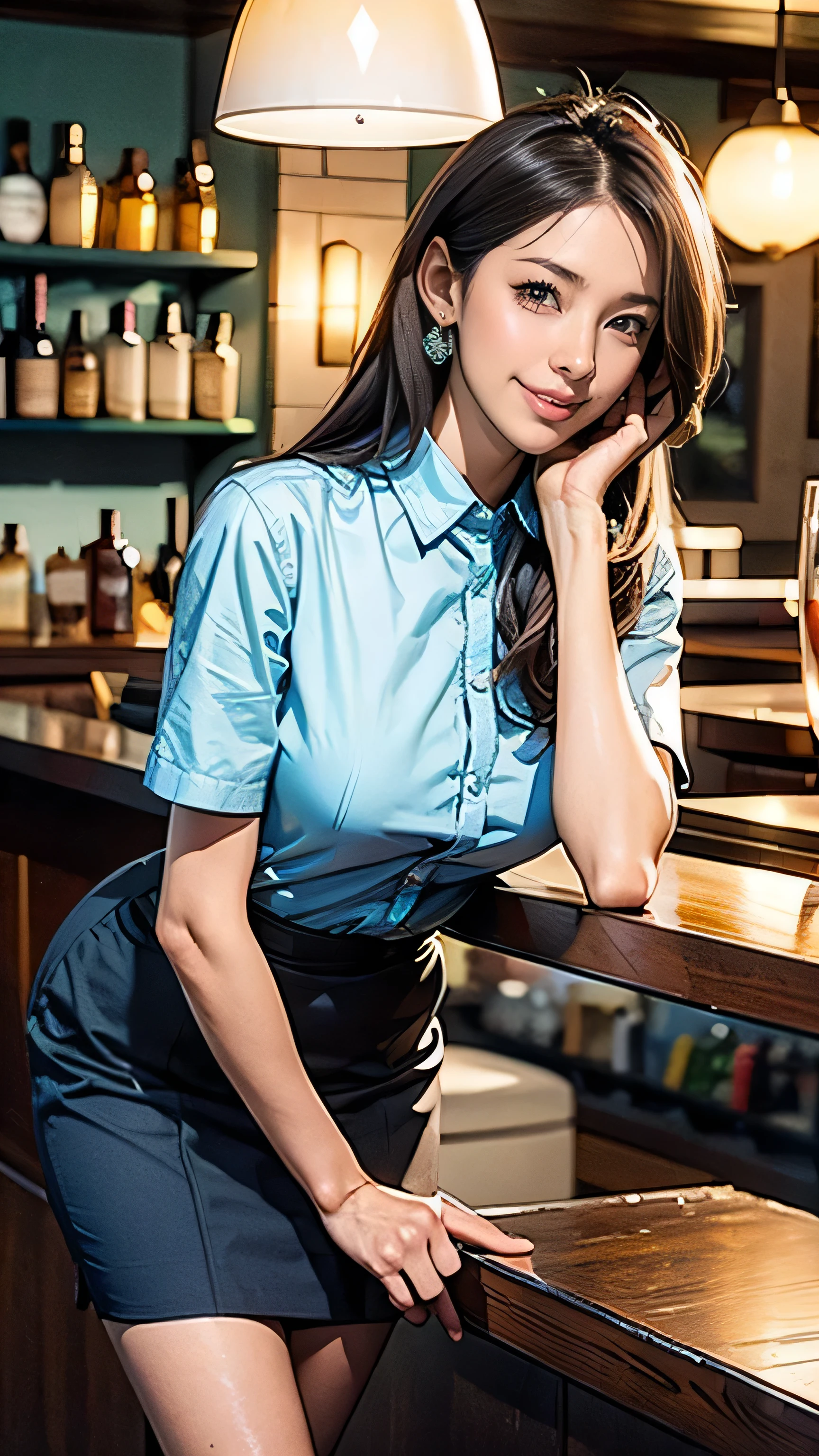 (One Woman),(Japanese),(((Super long brown hair reaching to her knees:1.4)),(whole body:1.5),(Front:1.5),(Cabin Crew),(stewardess)(Standing),(Flight attendant uniforms fitted:1.5),(smile:1.5),(Beautiful Eyes:1.3),(Very detailedな顔:1.5),((Very detailed drawing of a female hand:1.5)),((Beautiful Skin:1,5)),(Delicate skin depiction:1.5),(Functional:1.2),(Big Breasts:1.2),break(((Blur the background:1.5))),(Written boundary depth:1.5),break(((masterpiece:1.5),(Best Quality:1.5),(Very detailed:1.5),(High resolution:1.5),(Realistic:1.5),(Realistic:1.5))),8k,wallpaper、((shy smile:1.5))((gold necklace_Large earrings:1.2)),((Place your left hand gently on your chin:1.5))((standing gracefully:1.6))((Sits on a bar chair by the counter in a stylish bar:1.5))