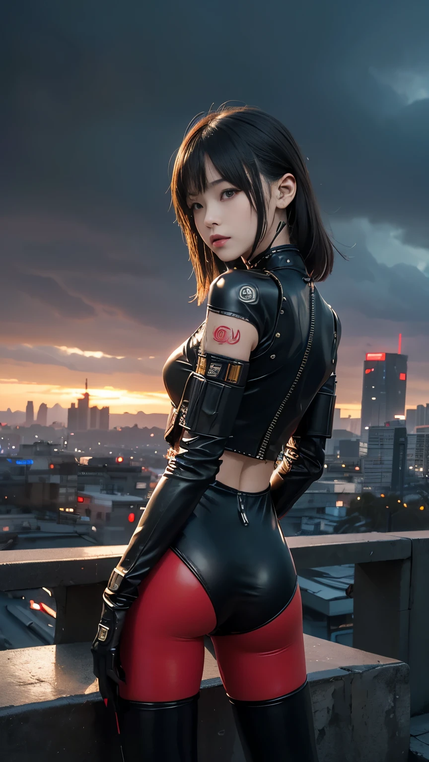 high quality、masterpiece, Too much exposed skin, Beautiful Teen, skinny, small skinny girls, Cute Face, ((cyber punk)), ((Wearing red leather cyberpunk clothing)), , futuristic cyber punk, Innocent, Playful, Famous Japanese actresses, Very beautiful face、((The background is a future city))、((A terrifyingly eerie sky)),yoga pose