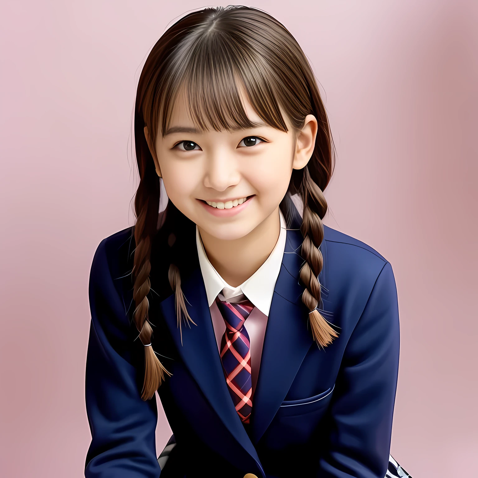 (Highest quality, masterpiece:1.2), Highest quality, High resolution, 1080P, 8k, height: 158cm, (Some girls, noble, Japanese yo fashion model is seated and being interviewed and smiling at me in 1980's school uniform, expressing her happiness to me with her kawaii supreme: 1.8), (neat tight braids under her ear), (background is complete black: 1.0), (Amazed, double-eyelids, completely balanced, brown large large dreaming eyes with detailed beautifully: 1.6), (Drives me crazy for her navy-colored neat tartan checkered blue skirts and make me fall into her navy-colored tartan checkered skirt: 1.2), (Fine white skin that looks like she has never been out of home: 1.6), (Navy colored school uniform blazer: 1.6), (Navy blue pleated school uniform tartan checkered skirt: 1.5), (Plain-red school ribbon on the breast), (Complete plain pink background: 1.8), (Girl whom everyone loves because of her beauty and neat school fashion and noble manner and magic-charm of succubus: 1.7), full body shot, (jolly face expression), (evenly cut curled bangs), (Selected as the most beautiful girl in school uniform in Japan: 1.8)