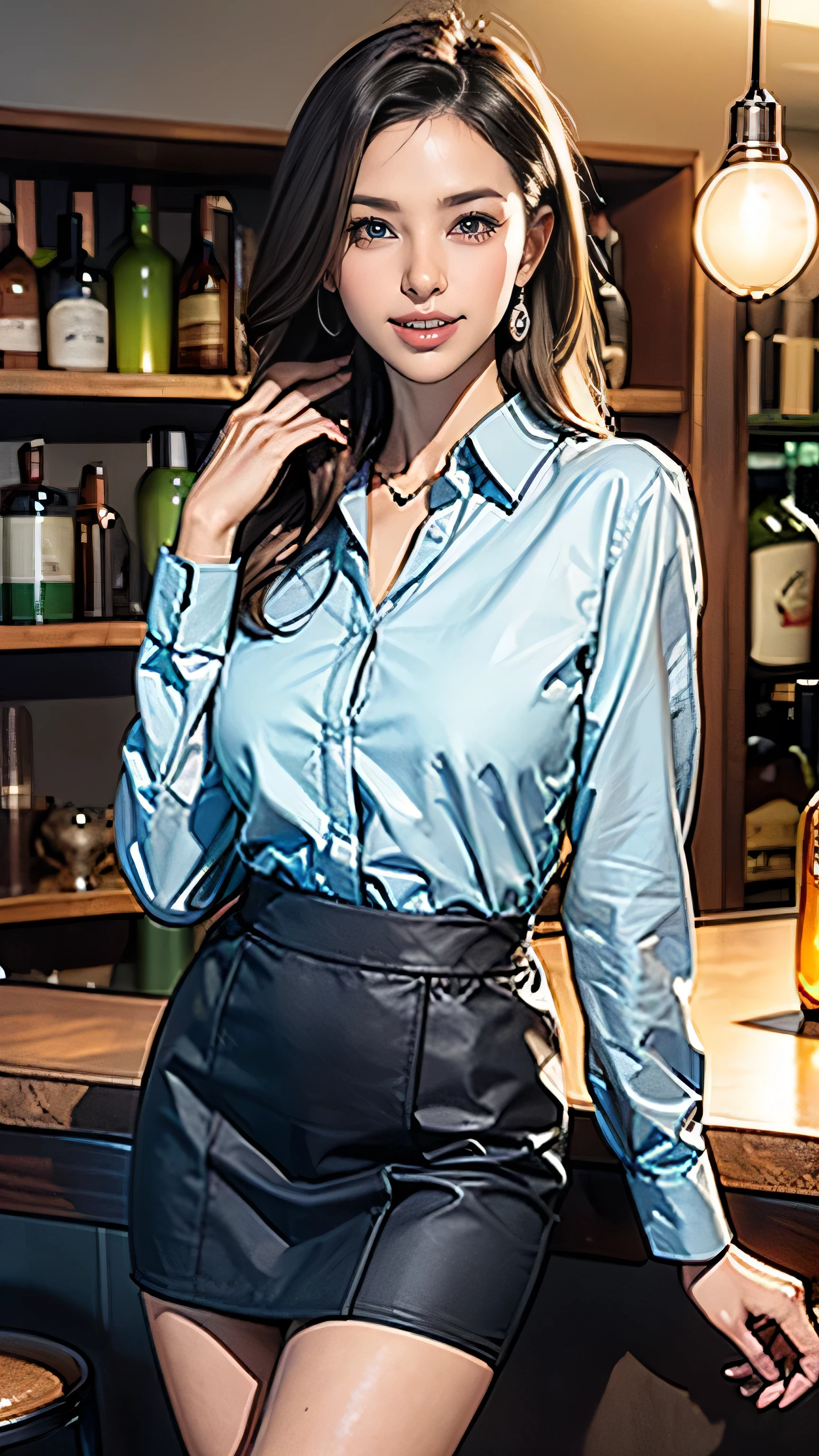 (One Woman),(Japanese),(((Super long brown hair reaching to her knees:1.4)),(whole body:1.5),(Front:1.5),(white long sleeve button up blouse_brown pleated mini skirt:1.5),(smile:1.5),(Beautiful Eyes:1.3),(Very detailedな顔:1.5),((Very detailed drawing of a female hand:1.5)),((Beautiful Skin:1,5)),(Delicate skin depiction:1.5),(Functional:1.2),(Big Breasts:1.2),break(((Blur the background:1.5))),(Written boundary depth:1.5),break(((masterpiece:1.5),(Best Quality:1.5),(Very detailed:1.5),(High resolution:1.5),(Realistic:1.5),(Realistic:1.5))),8k,wallpaper、((shy smile:1.5))((gold necklace_Large earrings:1.2)),((Place your left hand gently on your chin:1.5))((standing gracefully:1.6))((Sits on a bar chair by the counter in a stylish bar:1.5)) ((chest thrusting pose, chest bragging pose,open her mouth,:1.5