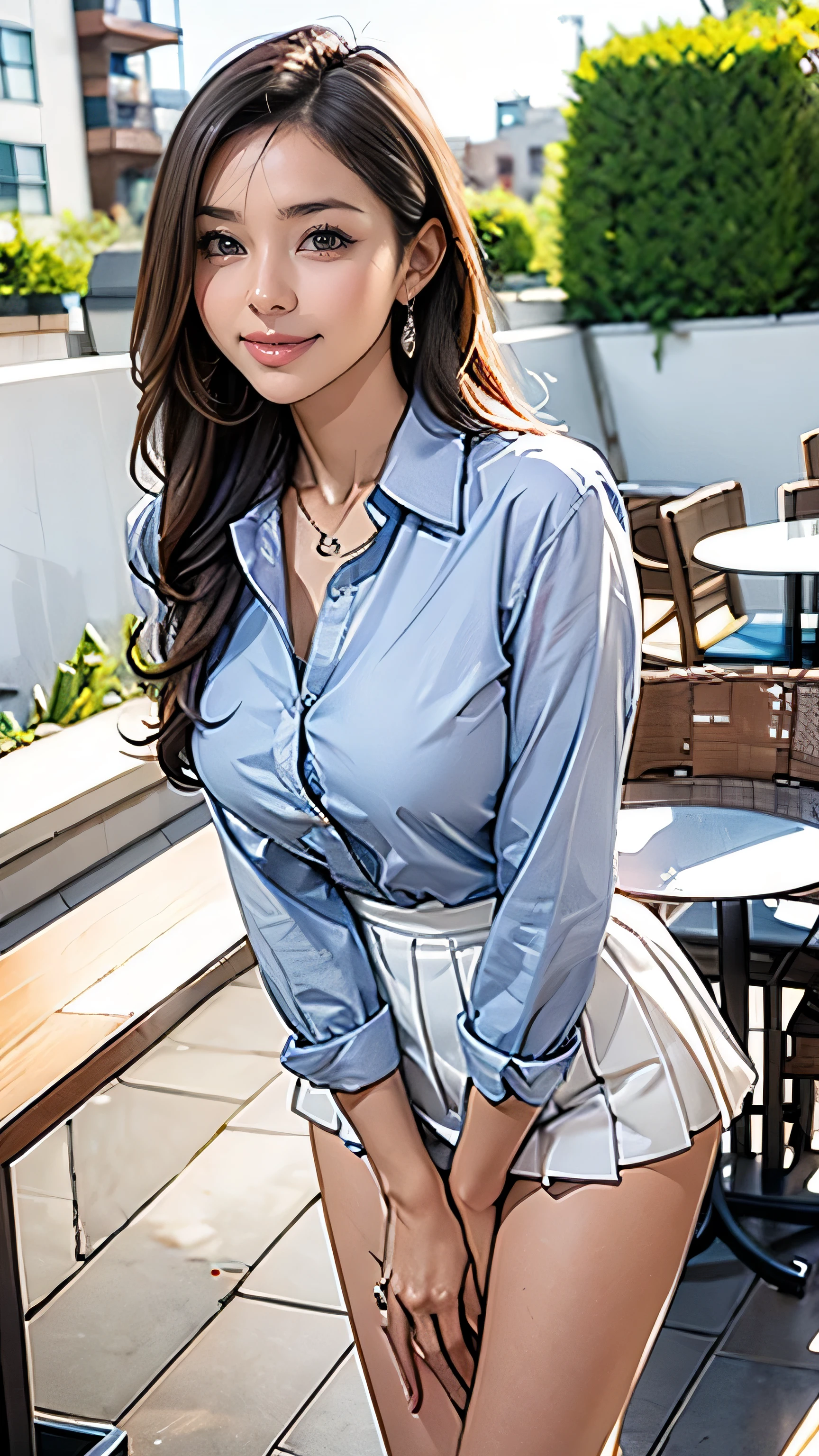 (One Woman),(Japanese),(((Super long brown hair reaching to her knees:1.4)),(whole body:1.5),(Front:1.5),(white long sleeve button up blouse_white pleated mini skirt:1.5),(smile:1.5),(Beautiful Eyes:1.3),(Very detailedな顔:1.5),((Very detailed drawing of a female hand:1.5)),((Beautiful Skin:1,5)),(Delicate skin depiction:1.5),(Functional:1.2),(:1.2),break(((Blur the background:1.5))),(Written boundary depth:1.5),break(((masterpiece:1.5),(Best Quality:1.5),(Very detailed:1.5),(High resolution:1.5),(Realistic:1.5),(Realistic:1.5))),8k,wallpaper、((shy smile:1.5))((gold necklace_Large earrings:1.2)),((Place your left hand gently on your chin:1.5))((standing gracefully:1.6))((((On the open terrace of the cafe, blurred background:1.5)),((standing gracefully:1.6))