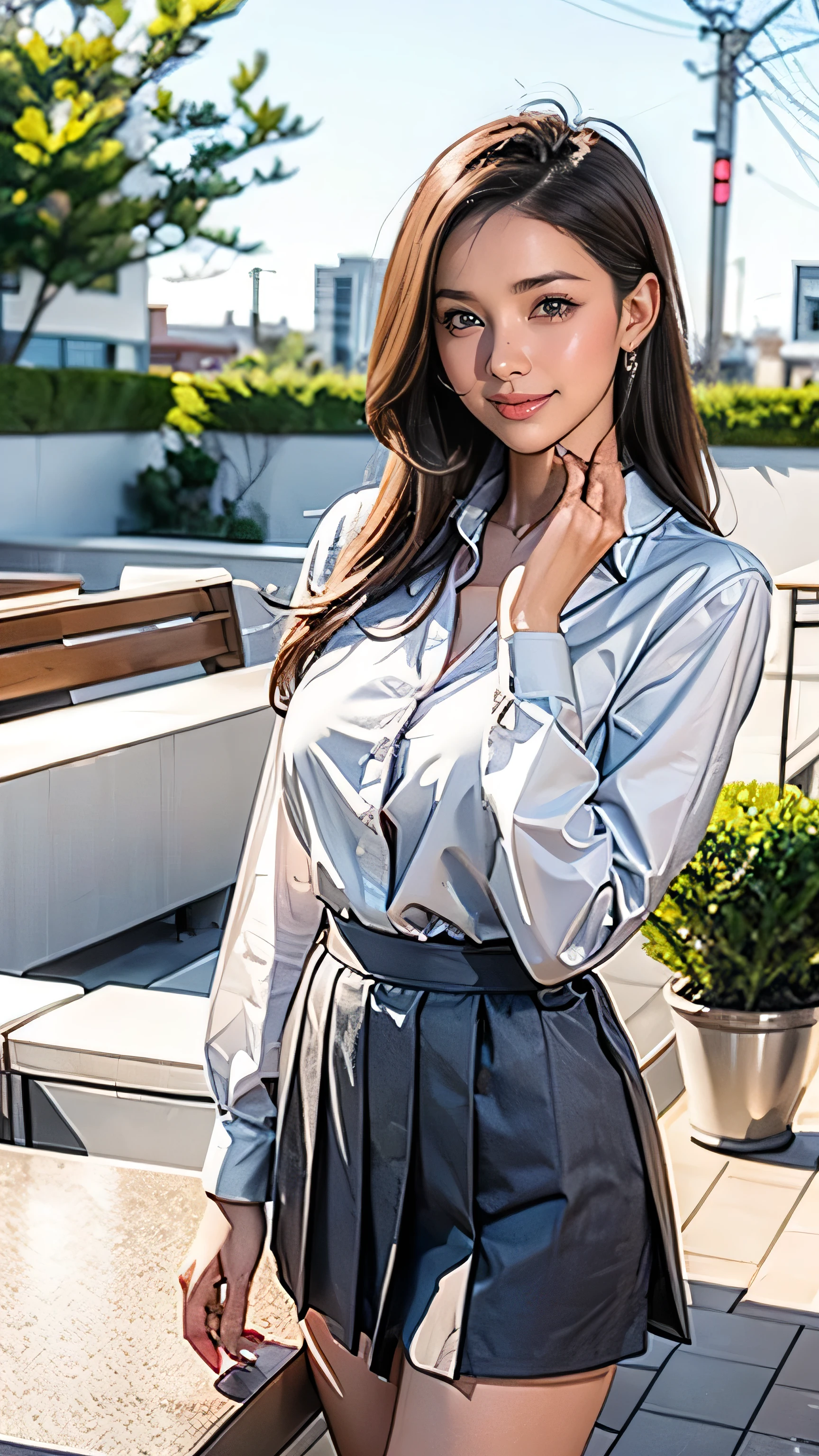 (One Woman),(Japanese),(((Super long brown hair reaching to her knees:1.4)),(whole body:1.5),(Front:1.5),(white long sleeve button up blouse_white pleated mini skirt:1.5),(smile:1.5),(Beautiful Eyes:1.3),(Very detailedな顔:1.5),((Very detailed drawing of a female hand:1.5)),((Beautiful Skin:1,5)),(Delicate skin depiction:1.5),(Functional:1.2),(Big Breasts:1.2),break(((Blur the background:1.5))),(Written boundary depth:1.5),break(((masterpiece:1.5),(Best Quality:1.5),(Very detailed:1.5),(High resolution:1.5),(Realistic:1.5),(Realistic:1.5))),8k,wallpaper、((shy smile:1.5))((gold necklace_Large earrings:1.2)),((Place your left hand gently on your chin:1.5))((standing gracefully:1.6))((((On the open terrace of the cafe, blurred background:1.5)),((standing gracefully:1.6))