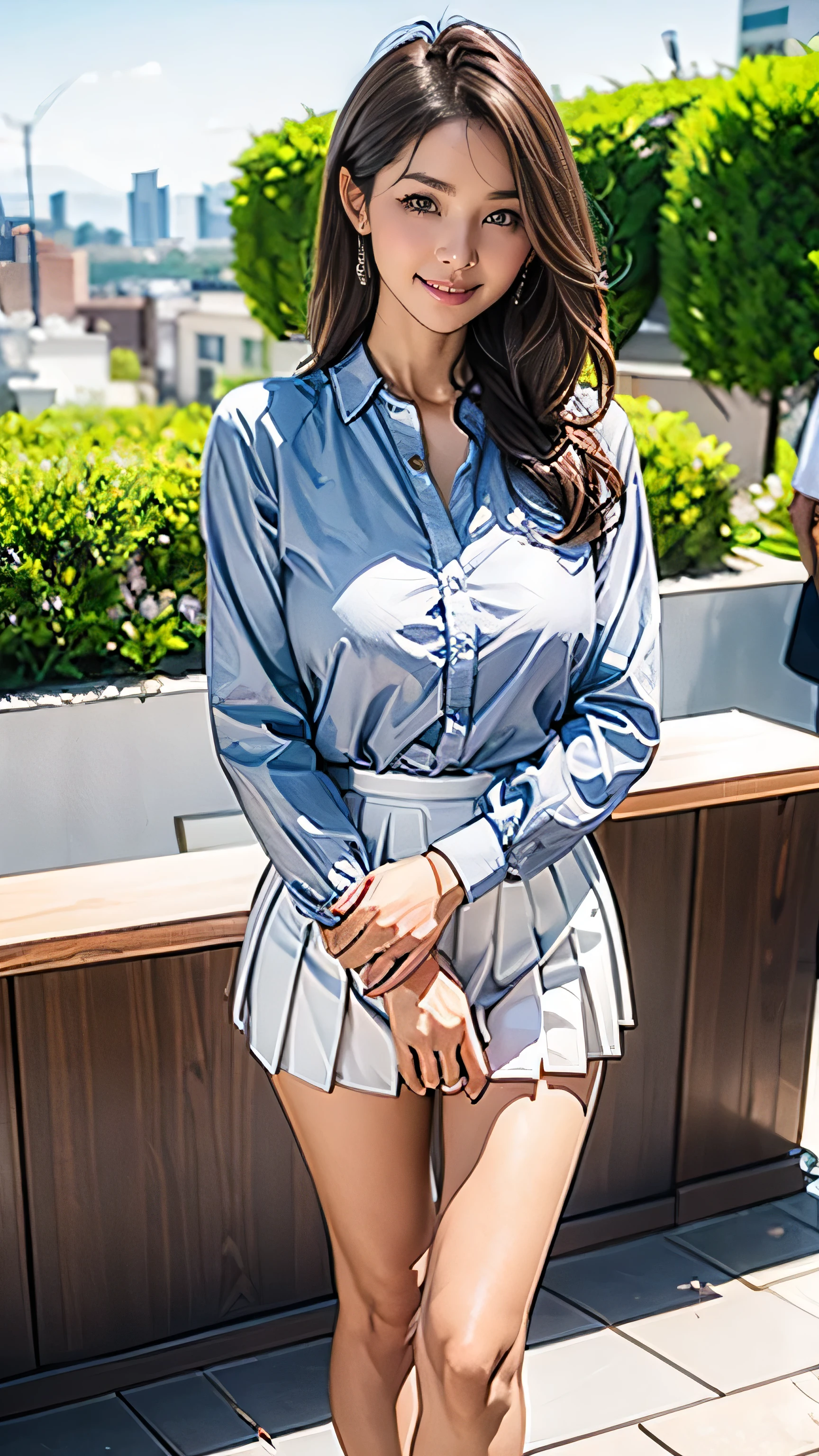 (One Woman),(Japanese),(((Super long brown hair reaching to her knees:1.4)),(whole body:1.5),(Front:1.5),(white long sleeve button up blouse_white pleated mini skirt:1.5),(smile:1.5),(Beautiful Eyes:1.3),(Very detailedな顔:1.5),((Very detailed drawing of a female hand:1.5)),((Beautiful Skin:1,5)),(Delicate skin depiction:1.5),(Functional:1.2),(Big Breasts:1.2),break(((Blur the background:1.5))),(Written boundary depth:1.5),break(((masterpiece:1.5),(Best Quality:1.5),(Very detailed:1.5),(High resolution:1.5),(Realistic:1.5),(Realistic:1.5))),8k,wallpaper、((shy smile:1.5))((gold necklace_Large earrings:1.2)),((Place your left hand gently on your chin:1.5))((standing gracefully:1.6))((((On the open terrace of the cafe, blurred background:1.5)),((standing gracefully:1.6))