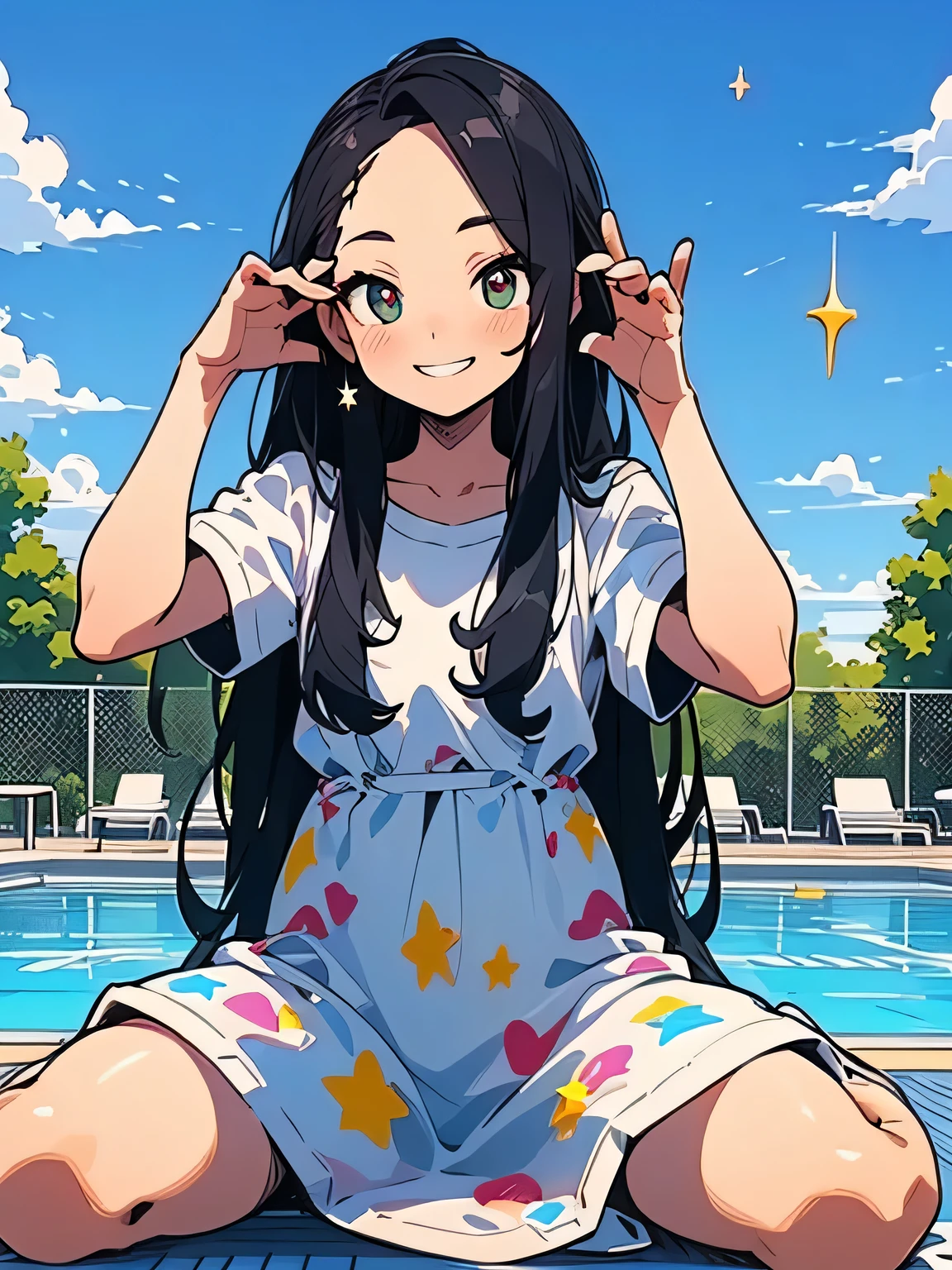 ((looking at viewer)),Alone,(((wariza))),(((black hair))),very loose straight long hair,(big forehead),makeup,purple eyeshadow, eyelash,cute smile,((bunny girl)),(model pose</input></xml>:1.3),(I am the star:1.3),pool side,blue sky,cloud,(manga style),(sketch),(illustration),