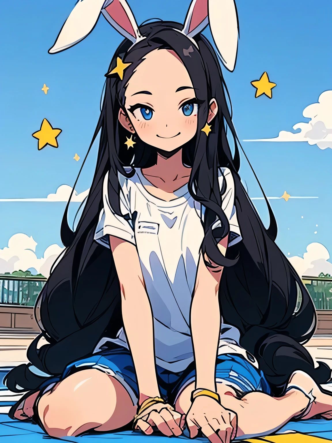 ((looking at viewer)),Alone,(((wariza))),(((black hair))),very loose straight long hair,(big forehead),makeup,purple eyeshadow, eyelash,cute smile,((bunny girl)),(model pose</input></xml>:1.3),(I am the star:1.3),pool side,blue sky,cloud,(manga style),(sketch),(illustration),