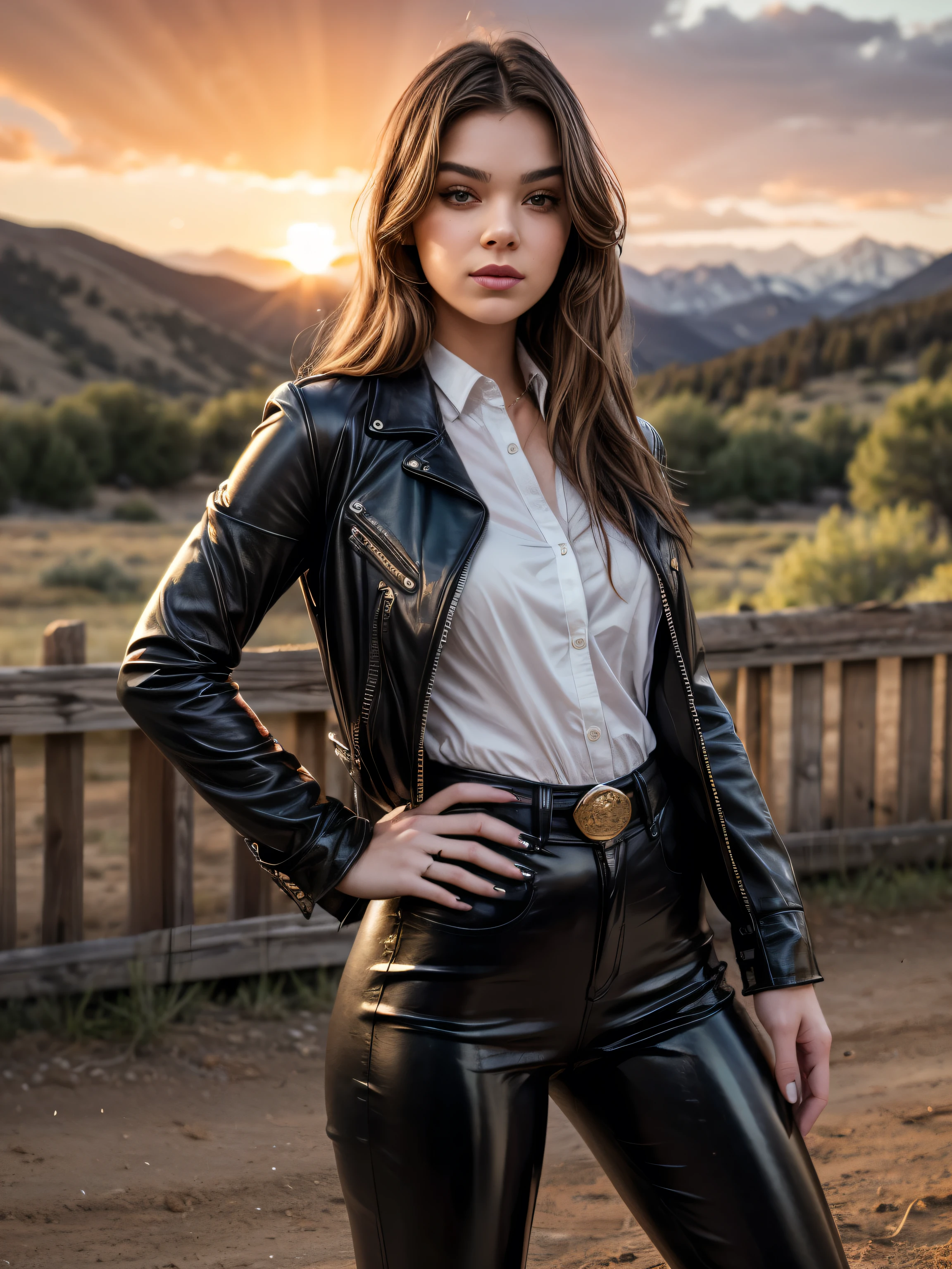 photorealistic style of a brunette woman with long hair in black leather pants and a checkered shirt in front of a Colorado wild west landscape at sunset