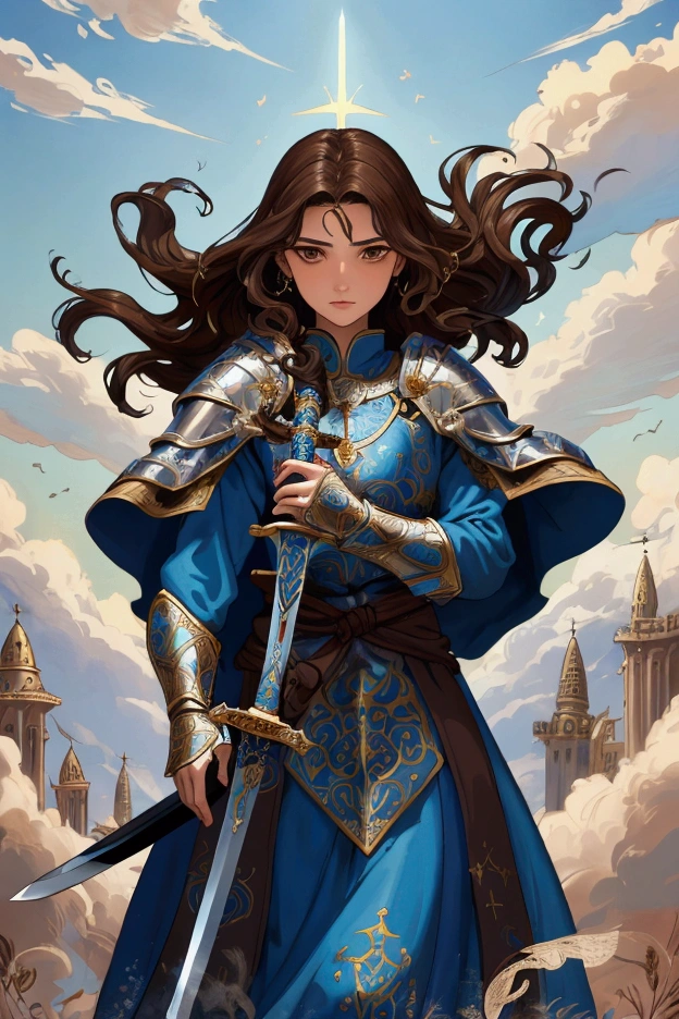 UHD, masterpiece, best quality, Holy Knight, Tall, Medium length hair that reaches the shoulders:Wavy, Brown Hair, Brown eyes, A blue cloak fluttering in the wind:1.2, Holding a double-edged sword, Praying to the sword, Fantasy art, Fantastic illustration, blue