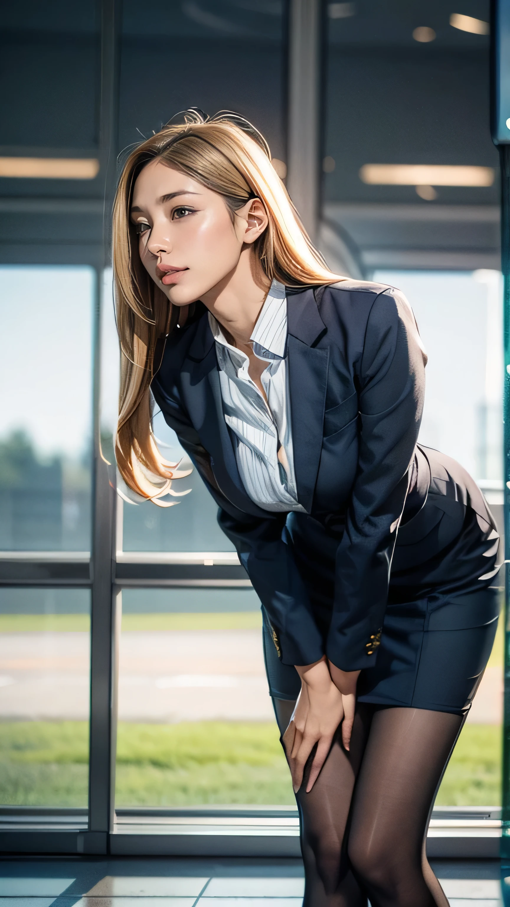 (One Woman),(Japanese),(((Super long blonde hair reaching to her knees:1.4)),Short Hair),(4),(whole body:1.5),(Front:1.5),(Cabin Crew),(stewardess)(Standing),(Flight attendant uniforms fitted:1.5),(smile:1.5),(Beautiful Eyes:1.3),(Very detailedな顔:1.5),((Very detailed drawing of a female hand:1.5)),((Beautiful Skin:1,5)),(Delicate skin depiction:1.5),(Functional:1.2),(Big Breasts:1.2),break(On the plane:1.5),(((Blur the background:1.5))),(Written boundary depth:1.5),break(((masterpiece:1.5),(Best Quality:1.5),(Very detailed:1.5),(High resolution:1.5),(Realistic:1.5),(Realistic:1.5))),8k,wallpaper,((standing gracefully:1.6))