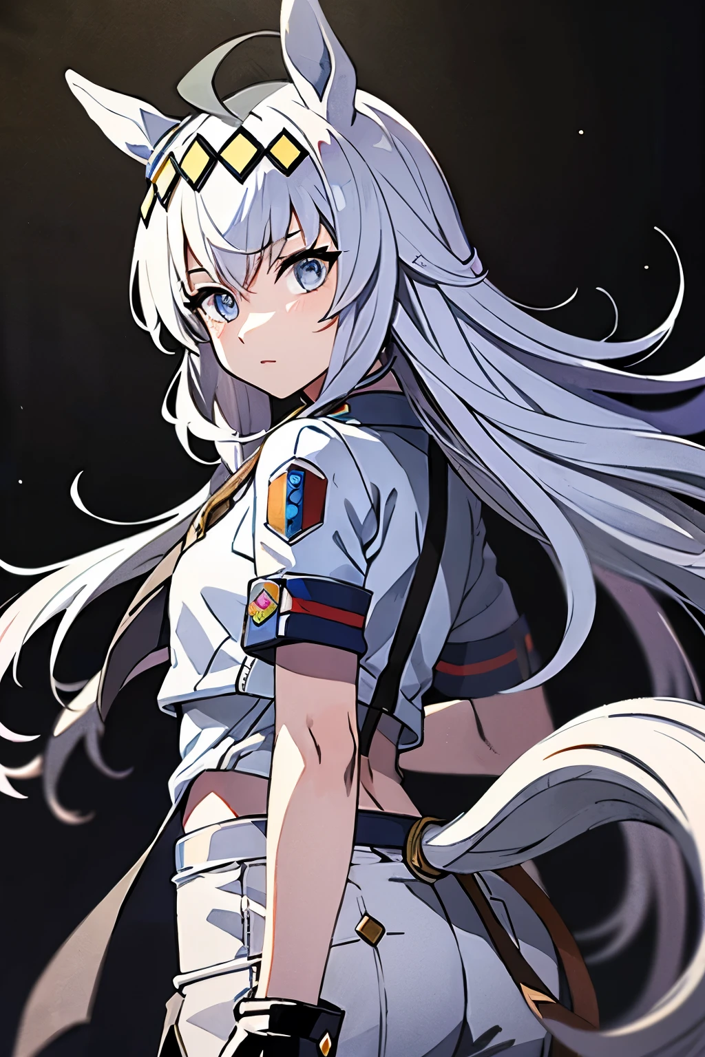 ((, Multiple Representations )),Silver Hair,Ahoge,long hair,tail,Yellow hair band,Jersey,pose,((Ink Painting)),Aura on the back,((Black and White)),cool