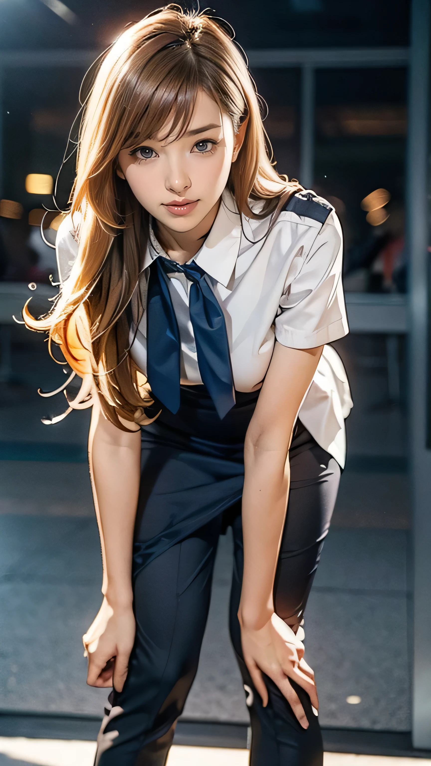 (One Woman),(Japanese),(((Super long blonde hair reaching to her knees:1.4)),Short Hair),(4),(whole body:1.5),(Front:1.5),(Cabin Crew),(stewardess)(Standing),(Flight attendant uniforms fitted:1.5),(smile:1.5),(Beautiful Eyes:1.3),(Very detailedな顔:1.5),((Very detailed drawing of a female hand:1.5)),((Beautiful Skin:1,5)),(Delicate skin depiction:1.5),(Functional:1.2),(Big Breasts:1.2),break(On the plane:1.5),(((Blur the background:1.5))),(Written boundary depth:1.5),break(((masterpiece:1.5),(Best Quality:1.5),(Very detailed:1.5),(High resolution:1.5),(Realistic:1.5),(Realistic:1.5))),8k,wallpaper,((standing gracefully:1.6))