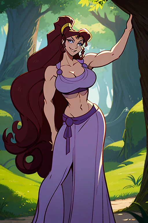 Sexy Busty Voluptuous skimpy Buff Muscular athletic Smiling cheerful Megara from Disney's Hercules with very long down loose hair down to her hips and blue eyes in the forest on a hot sunny summer day 