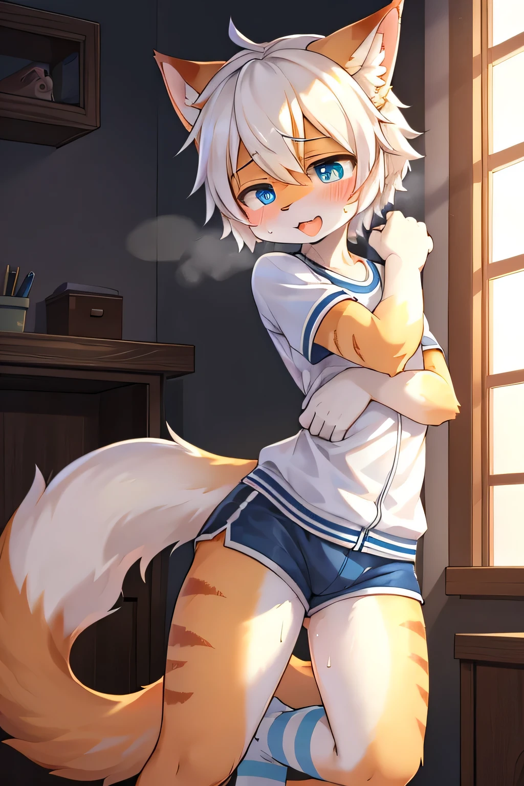 Super high resolution, detailed background, Kemoshota, naked, flaccid, phimosis, kiss to window, blushed, baby furry boys, tear drops