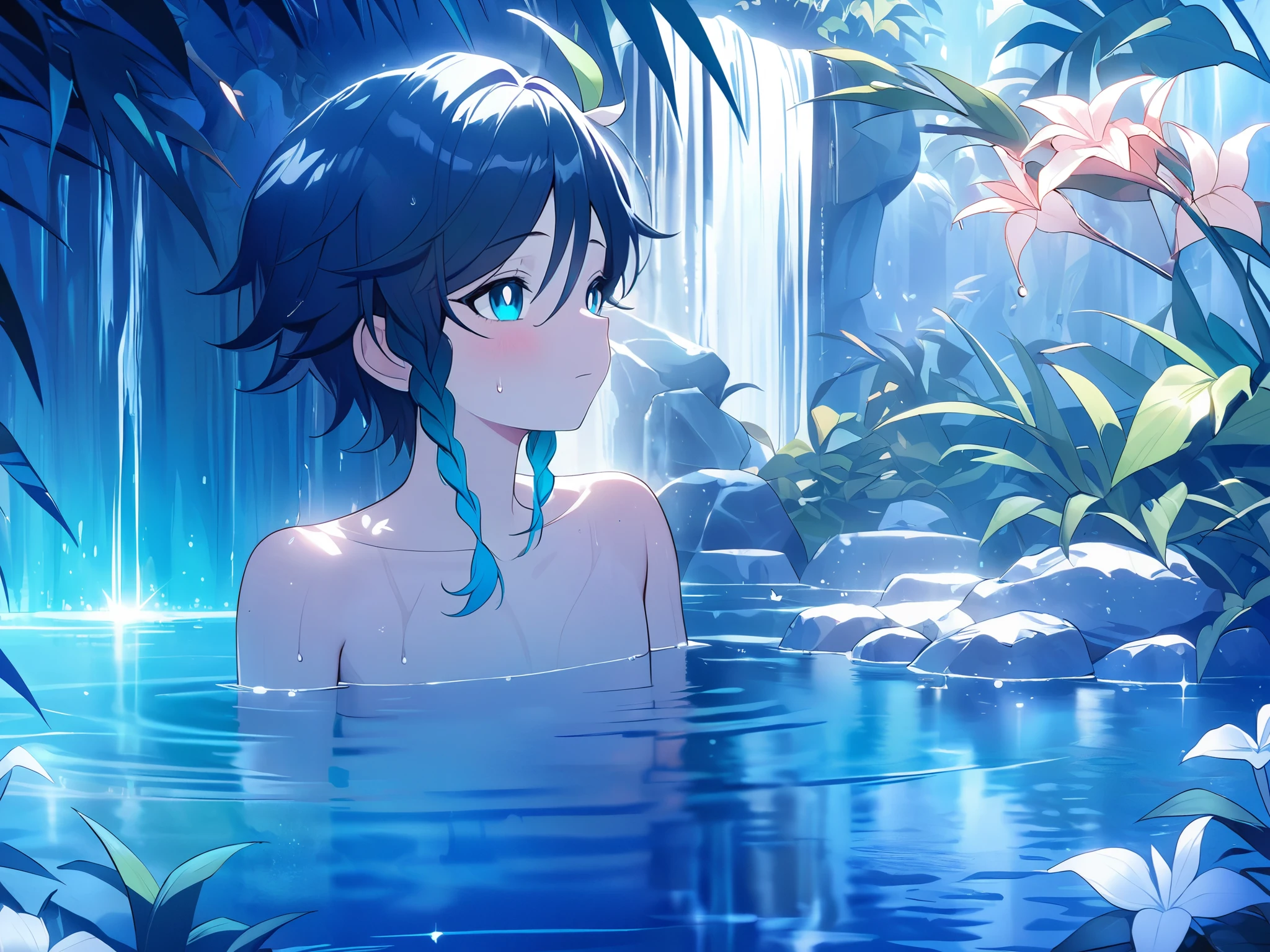 (best quality,4k,8k,highres,masterpiece:1.2)1boy,((venti_\(genshin_impact\))),portrait,ultra-detailed,bathing nude in an enchanting lake, sparkling water, serene atmosphere, peaceful, calming, tranquil, glimmering reflections, floral surroundings, fragrant flowers, smooth stones, natural beauty, fairy-tale-like,  shimmering waterfall, transparent veil of water, cascading elegantly, delicate mist, refreshing breeze, natural harmony, dappled sunlight, dancing shadows, ethereal, magical ambiance, lush greenery, whispering leaves, playful ripples, harmonious colours, serenity, blissful tranquillity, hidden paradise, one with nature, serene escape, enchanted dreamscape, rays of light piercing through the foliage, harmonious melodies of nature,flat chest,slim body,boyish charm,wet skin,wet hair,hair in loose curls,glittering,standing