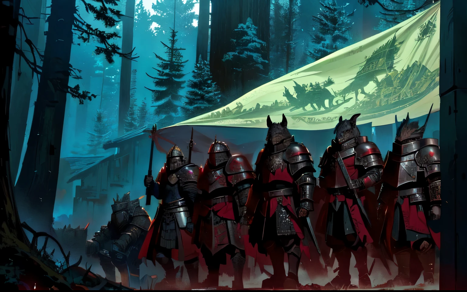 ancient ruinses in dark forest, fog, Warhammer Mercenary company ready to fight behind the shield wall, wolf's head as a logo on the shields, Black wolf on the banner, knights in heavy armor, red and black shields, clanking chain mail and helmets stopping enemy attacks, unit surrounded by chaos horde, army in imperial armors, warhammer fantasy battle, warhammer_chaos_spawn