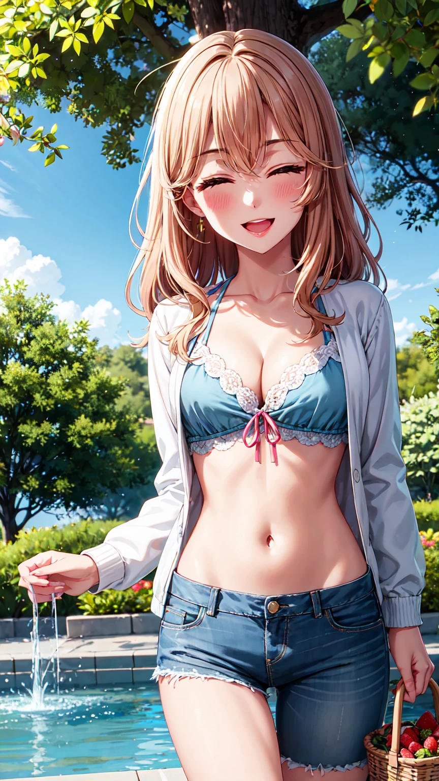 Masterpiece ,best quality , high resolution , ultra detail , (1 girl solo eyes closed:1.38) , (Miyako Saitou, long hair, wavy hair, strawberry blonde hair, red eyes, empty eyes,) , (wear Tight short denim shorts, crop jacket , navel , belly) , (cleavage:1.3) , (medium breast:1.3) , (standing cowboy_shot) , (Botanical Garden
Background: A serene botanical garden filled with vibrant flowers, winding paths, and tranquil water features. The natural beauty offers a peaceful escape.
Elements:
A picnic blanket and a basket with snacks or lunch to enjoy under a blooming tree.
A small guided tour or a map for a fun exploration.
Plenty of photo opportunities with stunning floral backdrops.) , ( full face blush , shy , smile , open mouth) , (face viewer , look at the viewer)