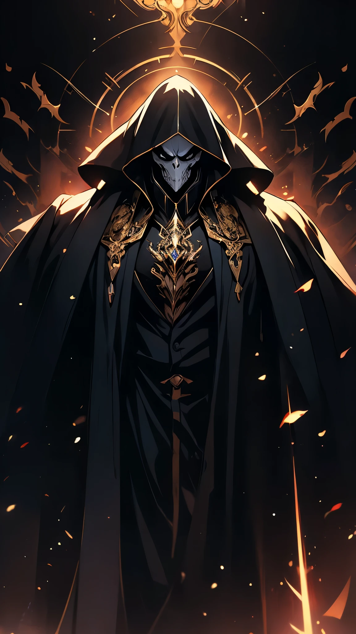 ((masterpiece)), envision a 8k, highres, cinematic, semi realistic, detailed, full body pinup of a strong boy, strong face, mature face, slender muscular body, black hair, black eyes,, large black gown, black cape, ainz,  (((1boy))), in dark lighting, against a dark background