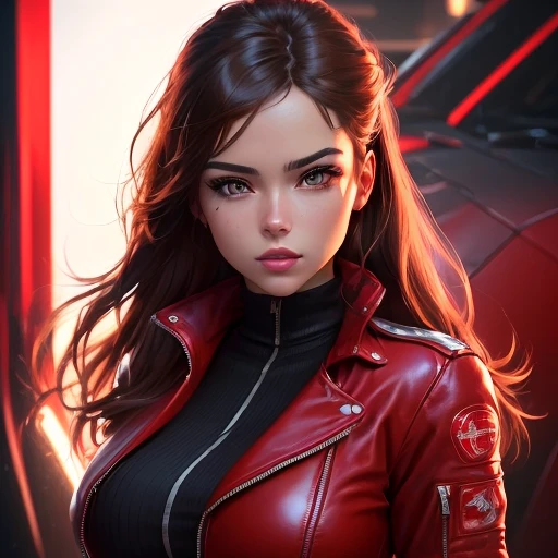 a photo of blndxspt-3200,wavy copper hair, 8k ,masterpiece, hight quality <lora:aerith-nvwls-v1:0.4>, red jacket, pink ribbons