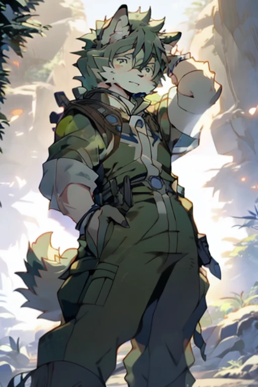 An Anime style Top Body and Right Side Body Picture of A Very Muscular Kemono Furry Style Gray Wolf. He is wearing A Full Long Armed Dark Green Soldier Outfit. His one hand is scratching his head while his another hand is in his pocket. The background is white. He have Gray messy and spikey hair. He is looking at the viewer. His eyes are little red But Mostly white. He is standing in the background. He look like a video game character. He is smiling and blushes with blushes on his face. His tail is sticking upward. He is shy and little embarrassed