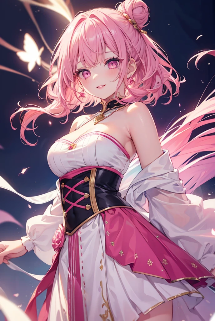 solo, 1girl, mature anime female, light pink hair, long hair, dark pink eyes, subtle blush, love goddess, sundress, innocent smile, heart-shaped halo behind head