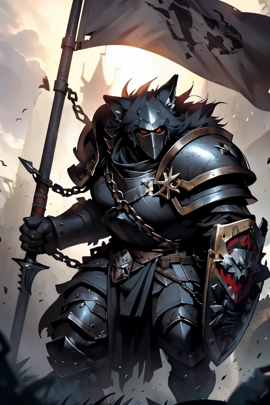 Wolf logo, wolf head over helmet, The troops of the Warhammer Mercenary company ready to fi, ght behind the shield wall, wolf's head as a logo on the shields, Black wolf on the banner, knights in heavy armor, red and black shields, clanking chain mail and helmets stopping enemy attacks, unit surrounded by chaos horde, army in imperial armors, warhammer fantasy battle, 