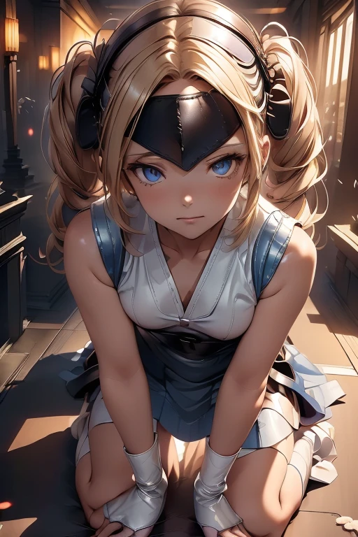 ((( Blonde girl with twin tails　))),　(((Blue Dress))),(((Dark fantasy ))),(((Archangel Girl)))、High resolution,(((Magnificent angel wings)))、Smooth Hair、Angel Costume(Pink transparent cloth、A simple skirt with frills、Stiff silk gloves)、Very complex eye、Best Quality、Inspirational Essays、(((On all fours)))、(((Inorganic Surface)))、(((An elaborate magic circle with a huge light shining on the ground))）,((Remove from shoulder)),(大天使halo),(halo),(((Summoning Ritual))),(((Steampunk))),(((White boots))),(((Japanese Anime))),(((god々The best room))),(((Gazing at the audience))),(((Cemetery))),(((darkroom))),(((Dim lighting))).(((closure ~ eye))),(((Cyberpunk))),(((Top view))),(((Plaster-white skin))),(((Flat Chest))).(((Stylish leather eye mask:1.5))),Stylish accessories,Stylish hairstyle,Curly hair,Dynamic Angle,Twin bun hairstyle,