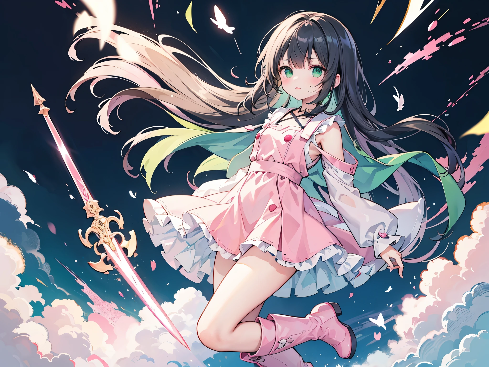 ((Best Quality, 8k, masterpiece: 1.3)),people間の女の子,１people,１peopleで,((Petite,Glamorous Body,Curvy)),cute,A look of glaring at something,((Long black hair)),Beautiful emerald green eyes,((Pink tight mini dress)),(((Kaneda Perth,The large sword he holds in his hand shines emerald green.))),((Thunder roars on a dark background)),(((My hair and skirt flutter in the wind,Wear pink boots))),