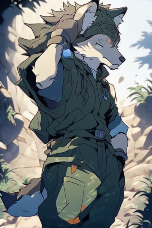 An Anime style Top Body and Right Side Body Picture of A Very Muscular Kemono Furry Style Gray Wolf. He is wearing A Full Long Armed Dark Green Soldier Outfit. His one hand is scratching his head while his another hand is in his pocket. The background is white. He have Gray messy and spikey hair. He is looking at the viewer. His eyes are little red But Mostly white. He is standing in the background. He look like a video game character. He is smiling and blushes with blushes on his face. His tail is sticking upward. He is shy and little embarrassed