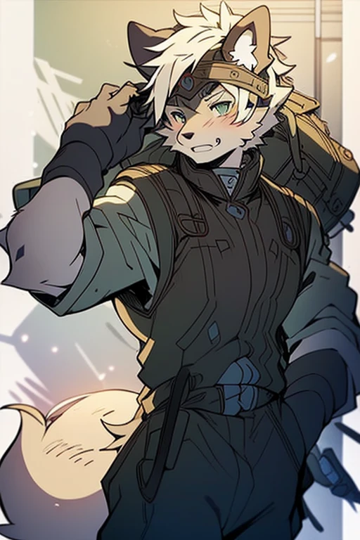 An Anime style Top Body and Right Side Body Picture of A Very Muscular Kemono Furry Style Gray Wolf. He is wearing A Full Long Armed Dark Green Soldier Outfit. His one hand is scratching his head while his another hand is in his pocket. The background is white. He have Gray messy and spikey hair. He is looking at the viewer. His eyes are little red But Mostly white. He is standing in the background. He look like a video game character. He is smiling and blushes with blushes on his face. His tail is sticking upward. He is shy and little embarrassed